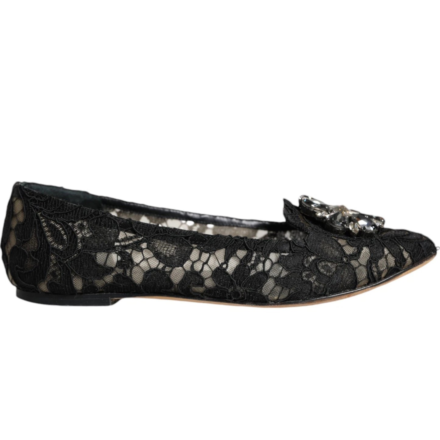 Dolce & Gabbana Schwarze Spitze Kristall Ballett Flats Loafer Schuhe