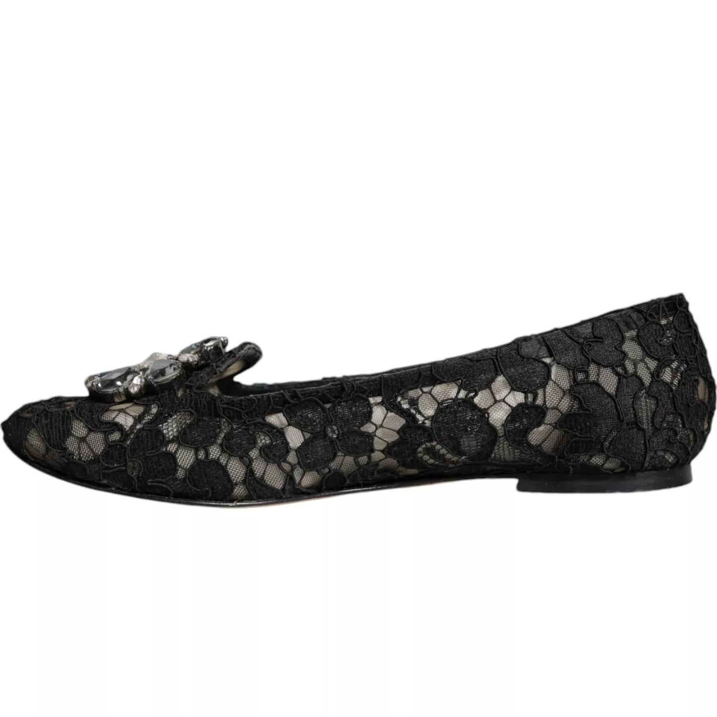 Dolce & Gabbana Schwarze Spitze Kristall Ballett Flats Loafer Schuhe
