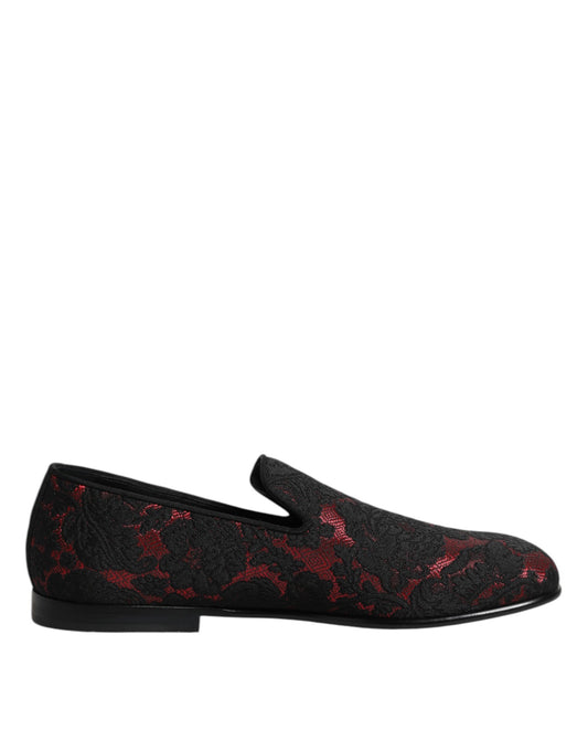 Dolce & Gabbana Rot Schwarz Jacquard Slip On Loafers Schuhe