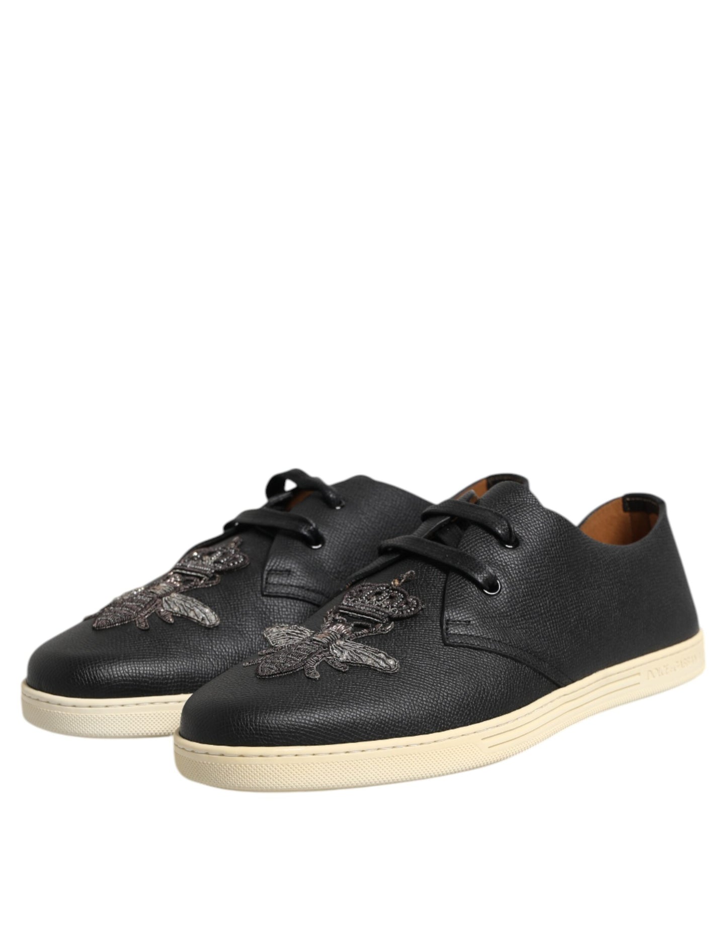 Dolce & Gabbana Schwarz Leder Bee Crown Low Top Sneakers Schuhe