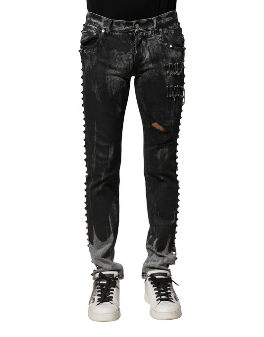 Dolce & Gabbana Schwarze, gewaschene, verzierte Skinny Denim Jeans