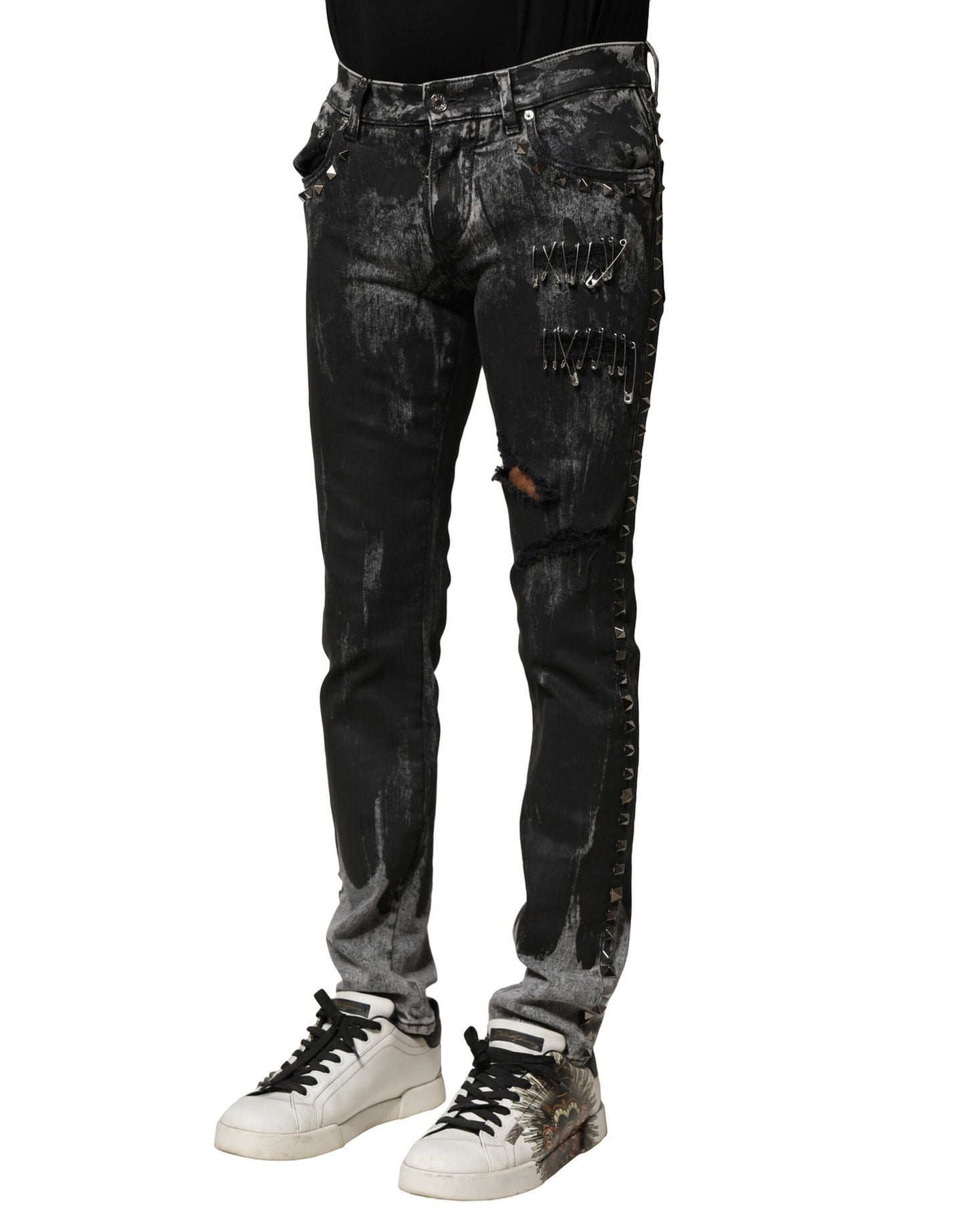Dolce & Gabbana Schwarze, gewaschene, verzierte Skinny Denim Jeans