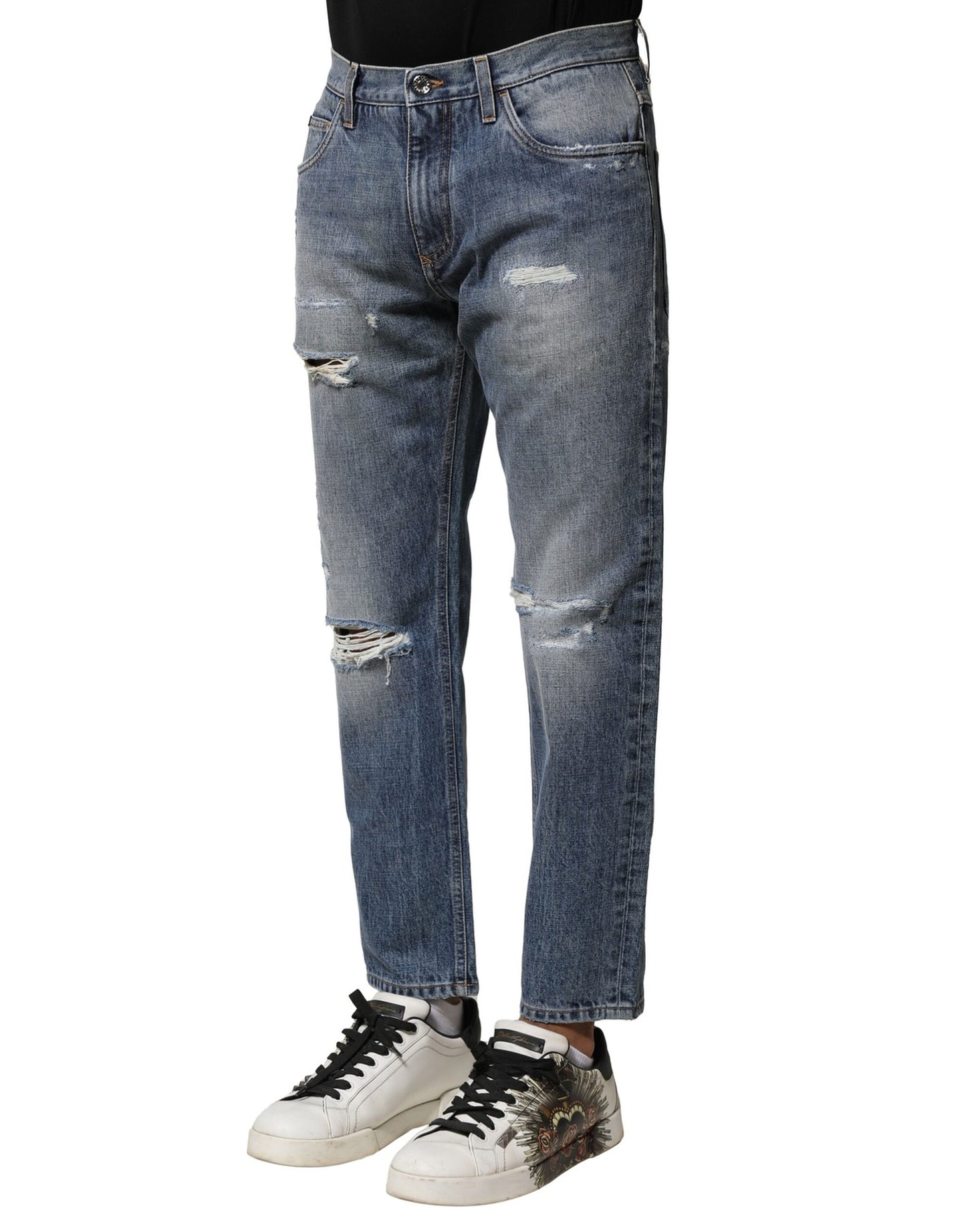 Dolce & Gabbana Blaue, verwaschene, zerfledderte Straight Fit Denim Jeans