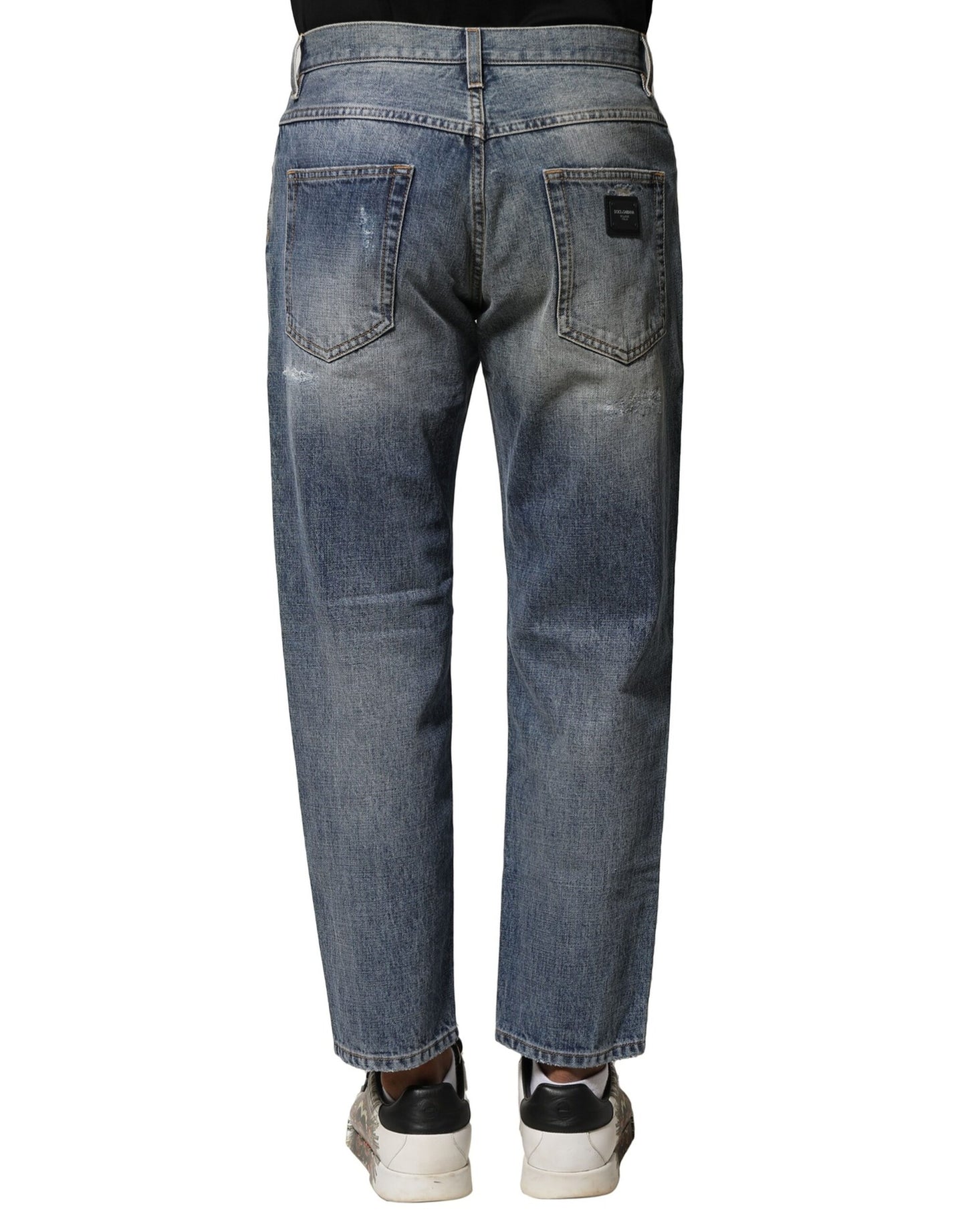Dolce & Gabbana Blaue, verwaschene, zerfledderte Straight Fit Denim Jeans