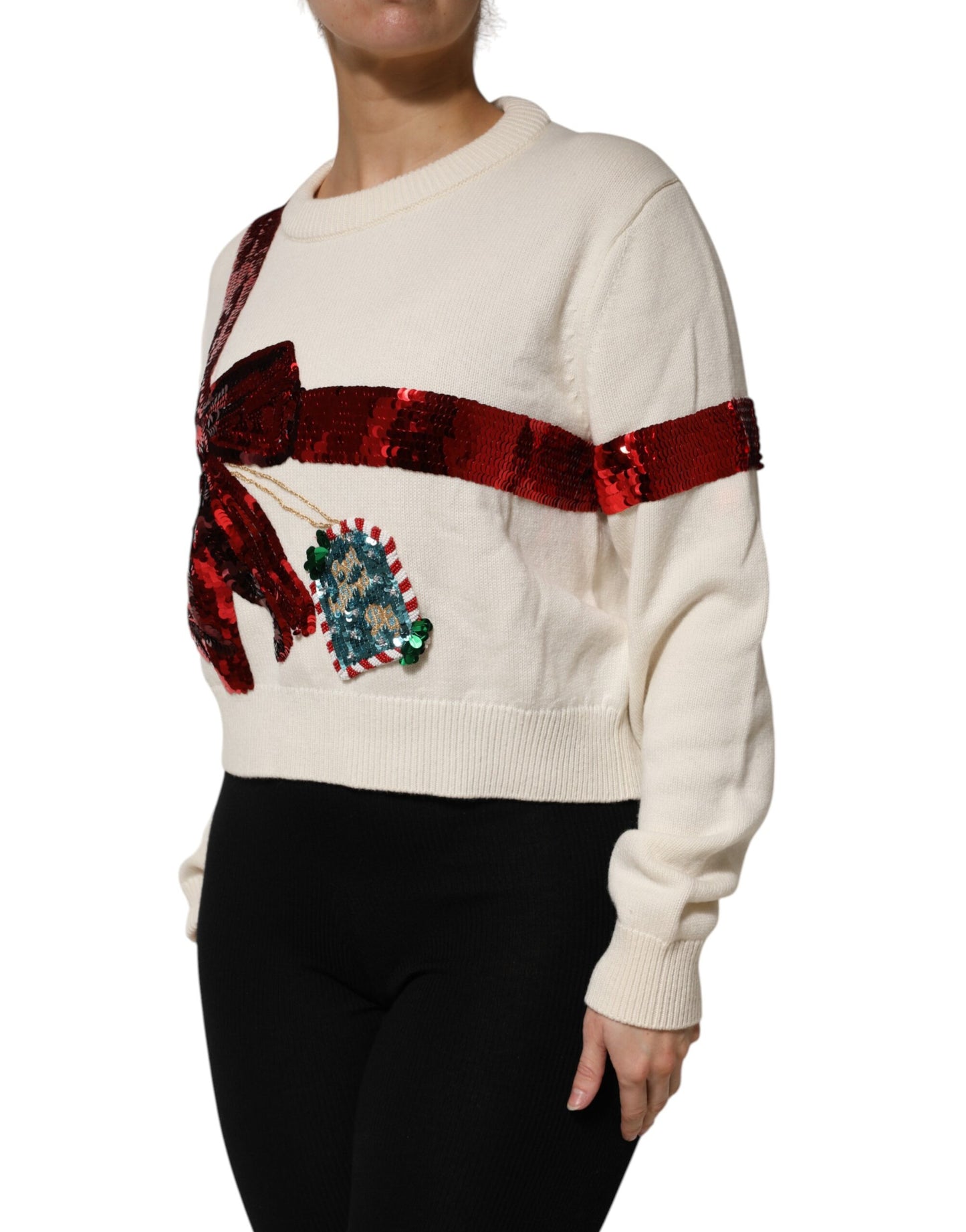 Dolce & Gabbana Weißer paillettenbesetzter Pullover mit Rundhalsausschnitt