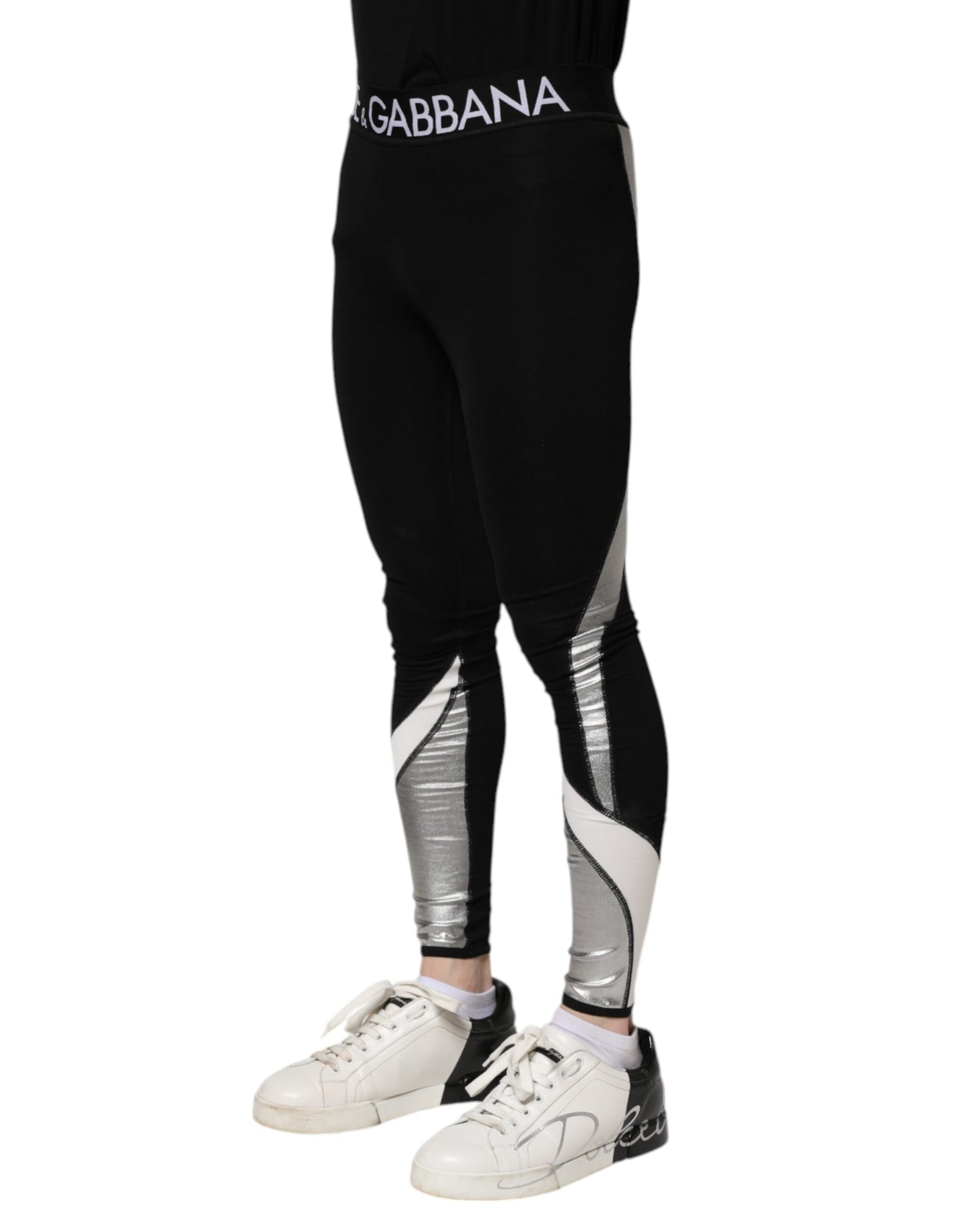 Dolce & Gabbana Schwarz Silber Nylon Skinny Männer Leggings Hosen