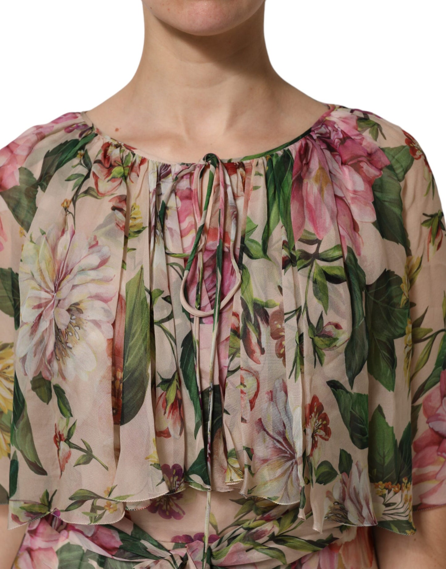 Dolce & Gabbana Rosa gestuftes langes Maxikleid mit Blumendruck