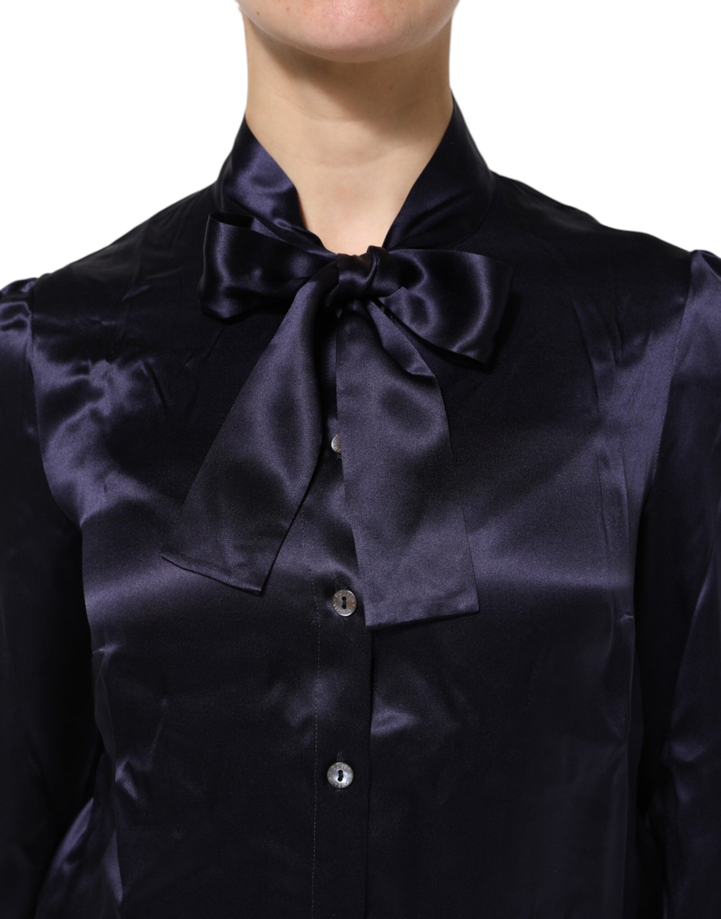 Dolce & Gabbana Dunkelviolettes Seidenblusentop mit Ascot-Kragen