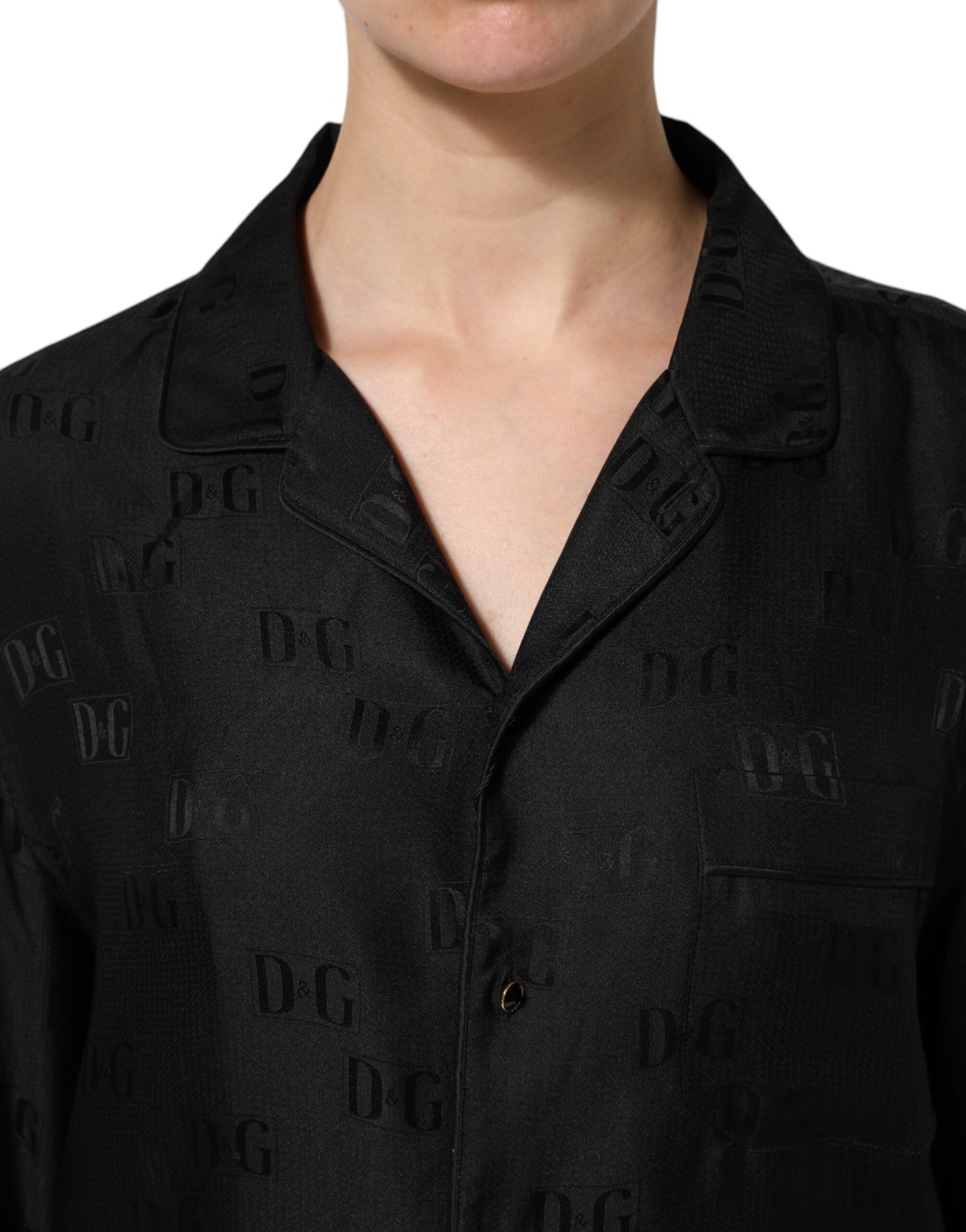 Dolce & Gabbana Schwarzes Seiden-DG besticktes langärmeliges Top