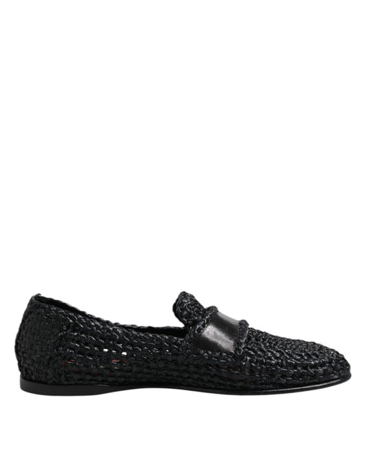 Dolce & Gabbana Schwarzes gewebtes Leder Slip On Loafers Männer Schuhe