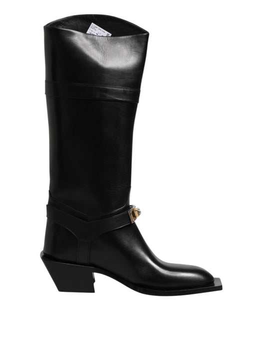 Dolce & Gabbana Schwarz Leder Hohe Stiefel Flache Schuhe