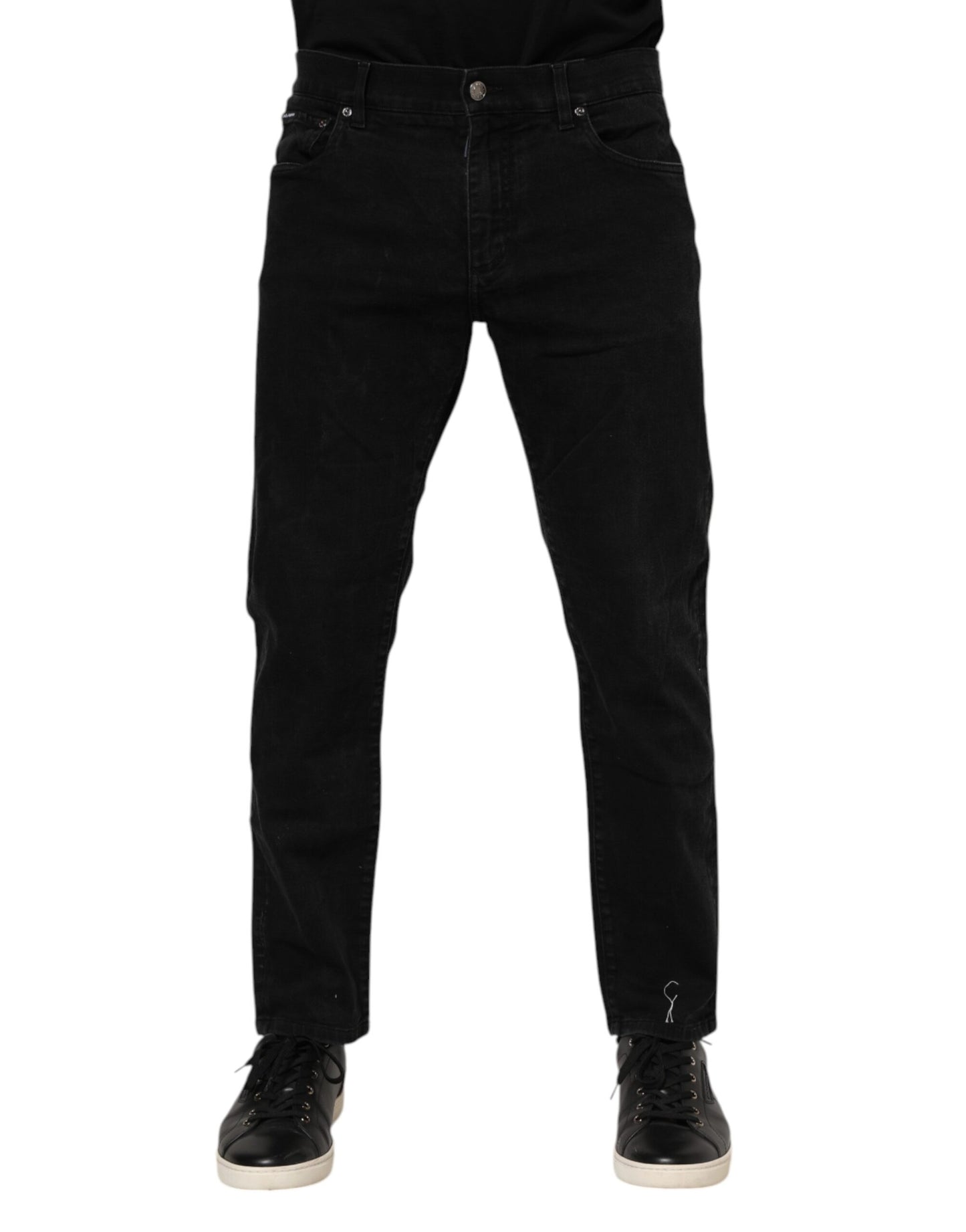Dolce & Gabbana Schwarze Baumwoll-Logo-Plakette Slim Fit Denim Jeans