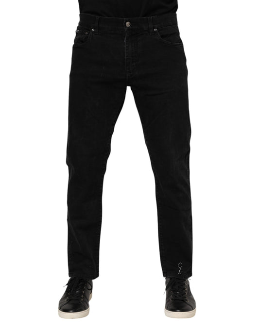 Dolce & Gabbana Schwarze Baumwoll-Logo-Plakette Slim Fit Denim Jeans
