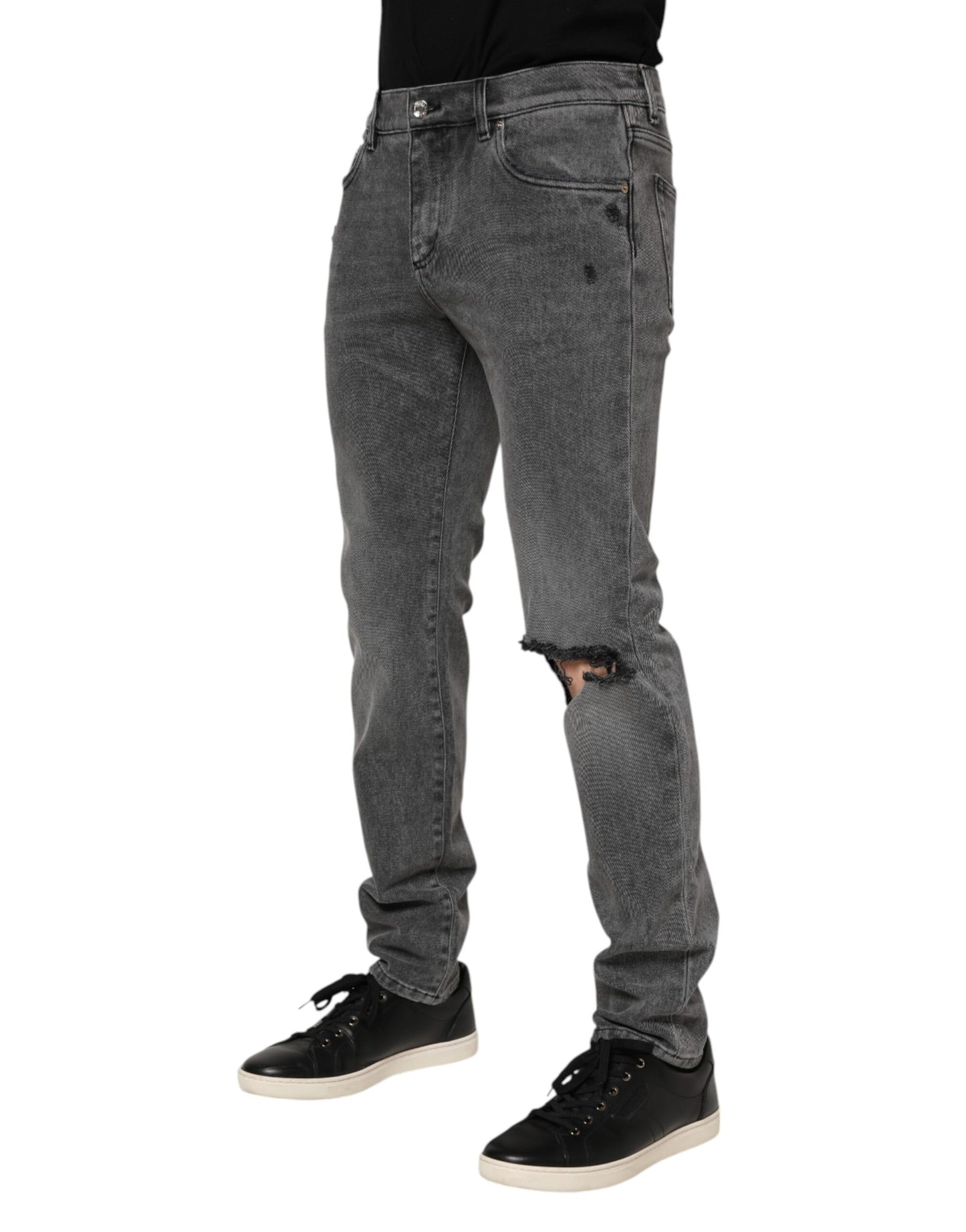 Dolce & Gabbana Graue Denim-Jeans mit Logo-Plakette aus Baumwolle