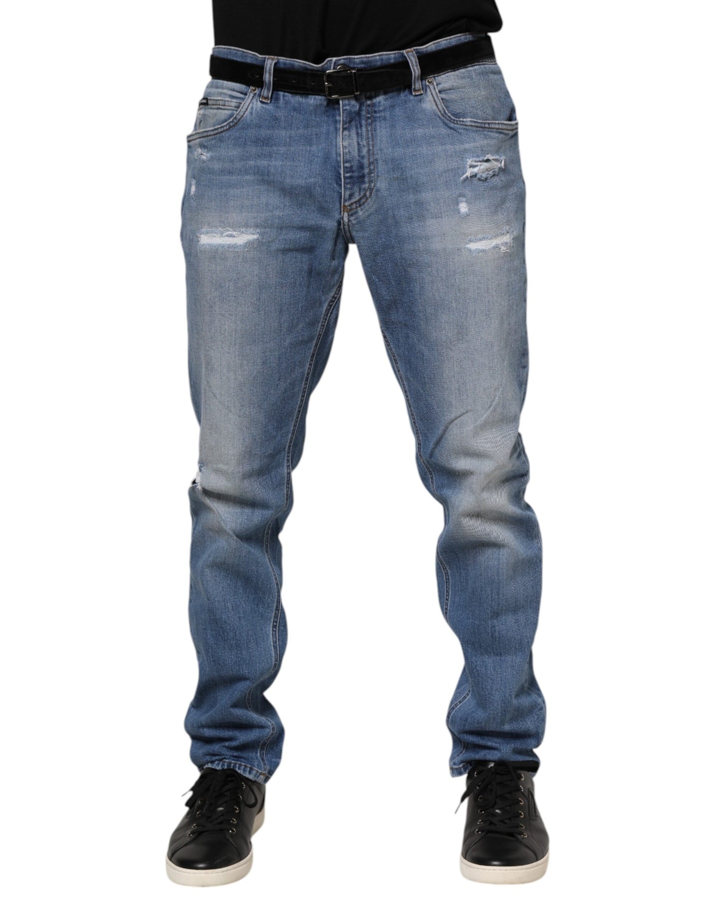 Dolce & Gabbana Blaue verwaschene Denim-Jeans mit zerfledderter Logoplakette