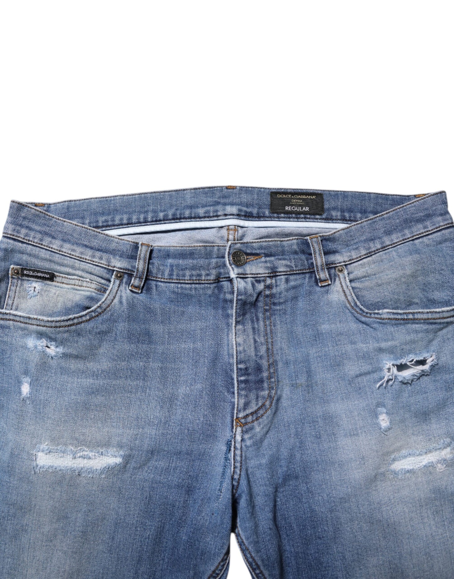 Dolce & Gabbana Blaue verwaschene Denim-Jeans mit zerfledderter Logoplakette
