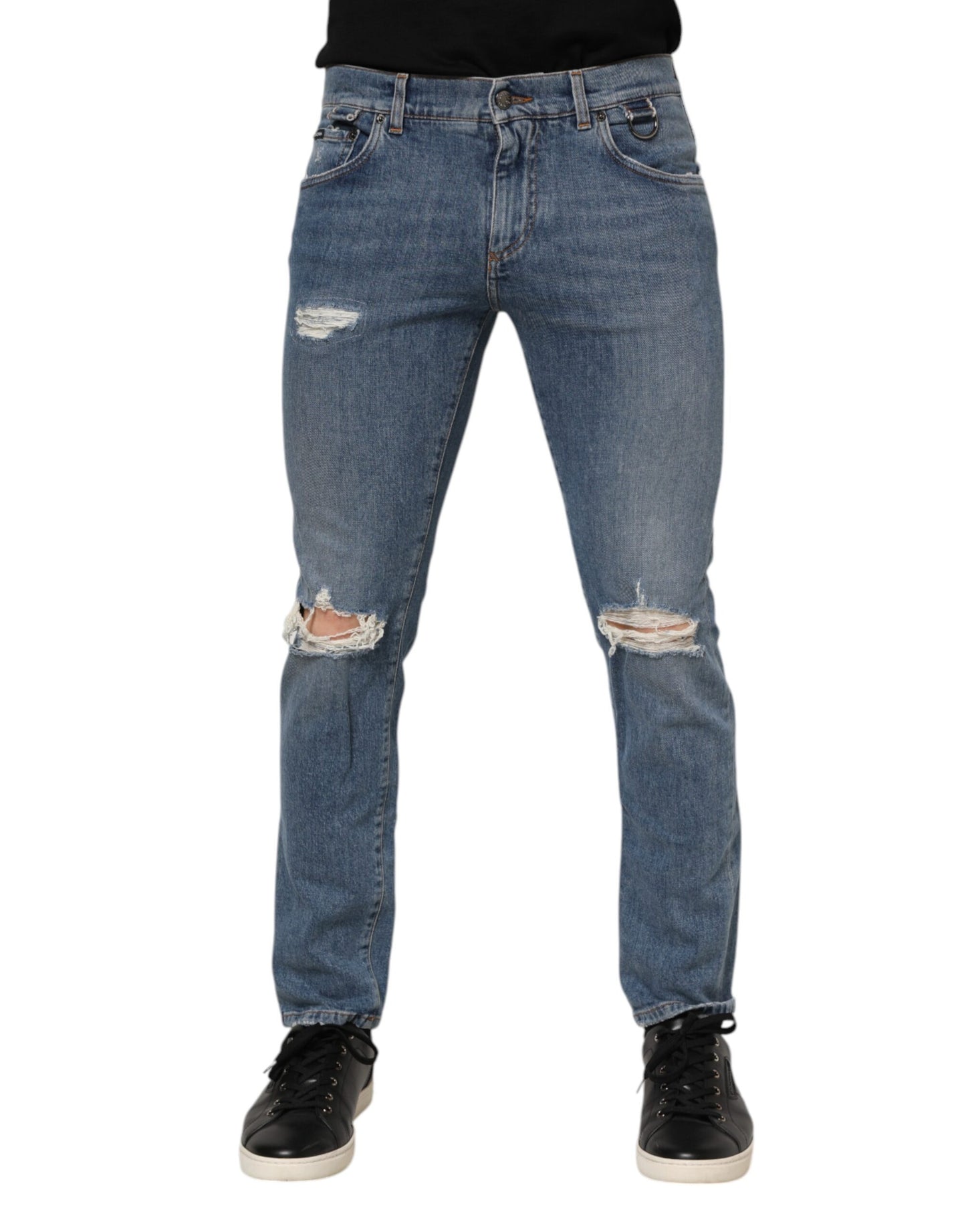 Dolce & Gabbana Blaue zerschlissene Skinny Logo Denim Jeans aus Baumwolle