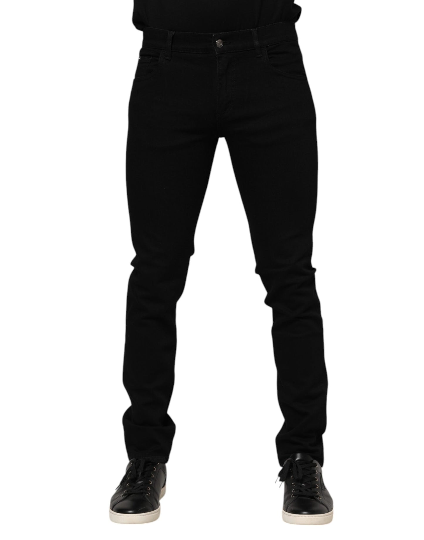 Dolce & Gabbana Dunkelblaue Baumwoll-Logo-Plakette GOLD Denim Jeans