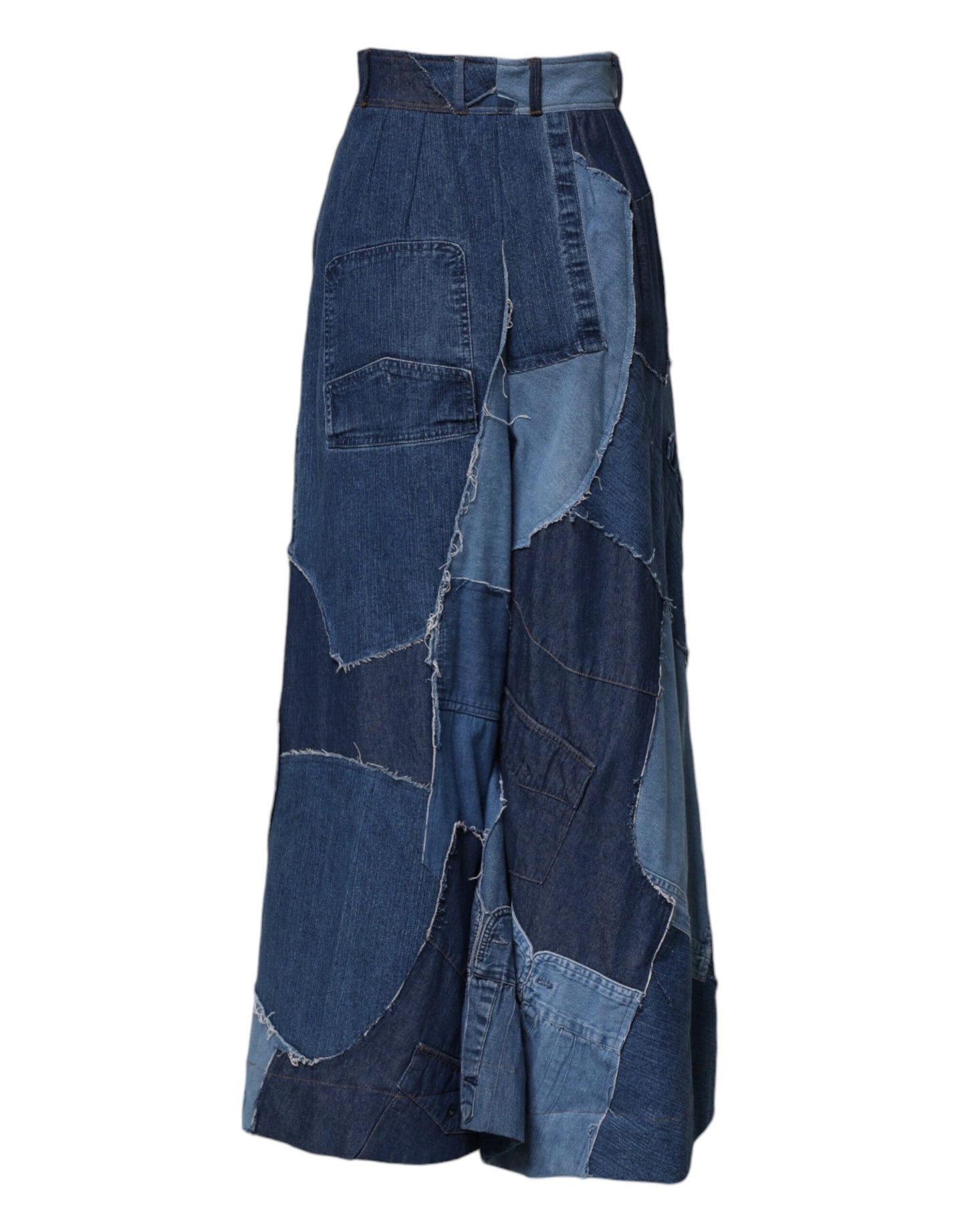 Dolce & Gabbana Blauer Denim-Langarm-Maxirock aus Patchwork-Baumwolle