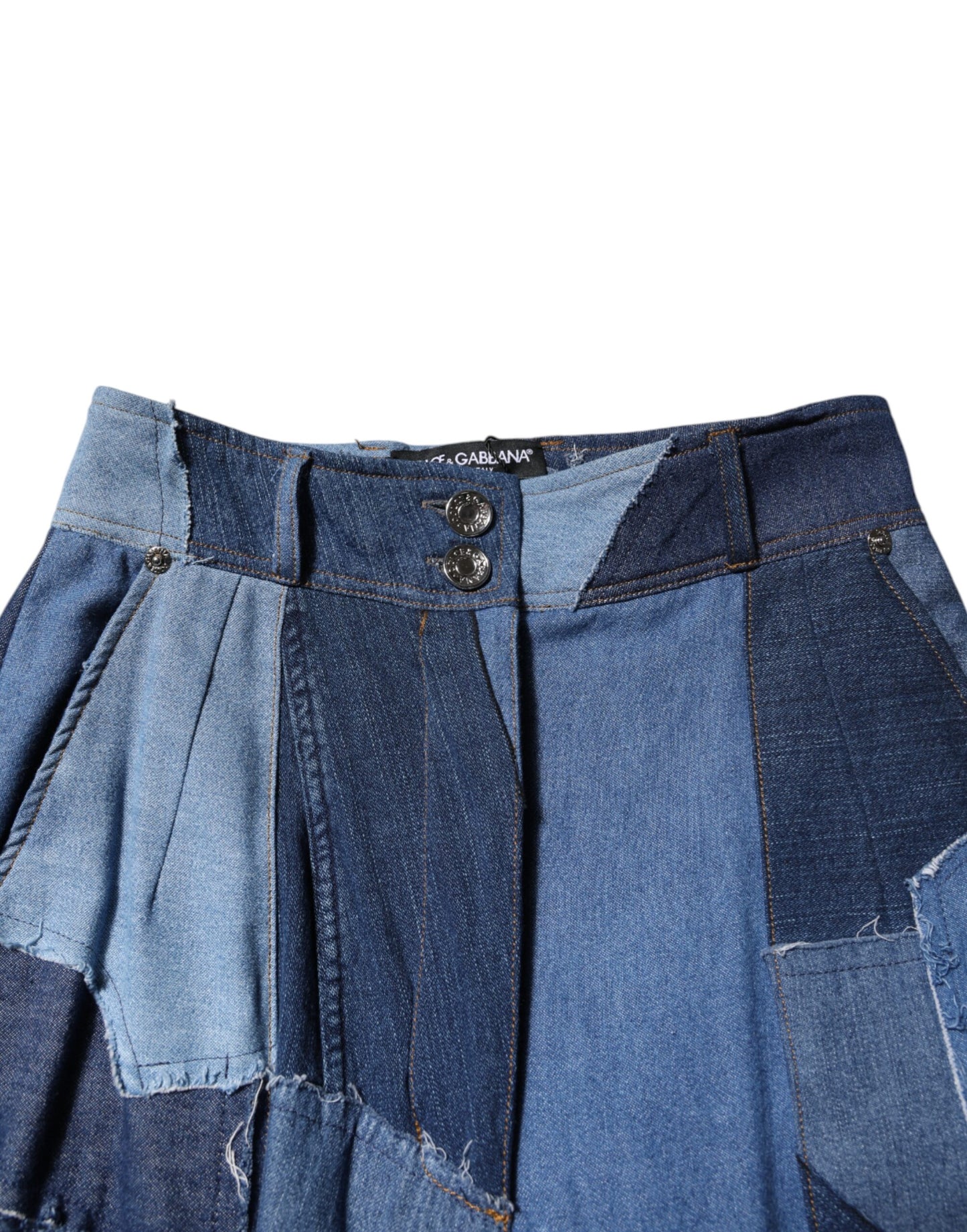 Dolce & Gabbana Blauer Denim-Langarm-Maxirock aus Patchwork-Baumwolle
