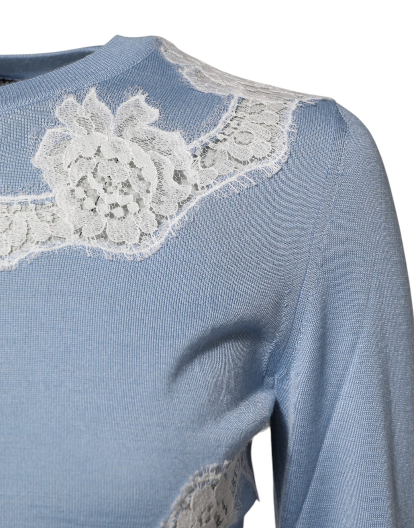 Dolce & Gabbana Blaue Strickjacke mit floralen Spitzenverzierungen