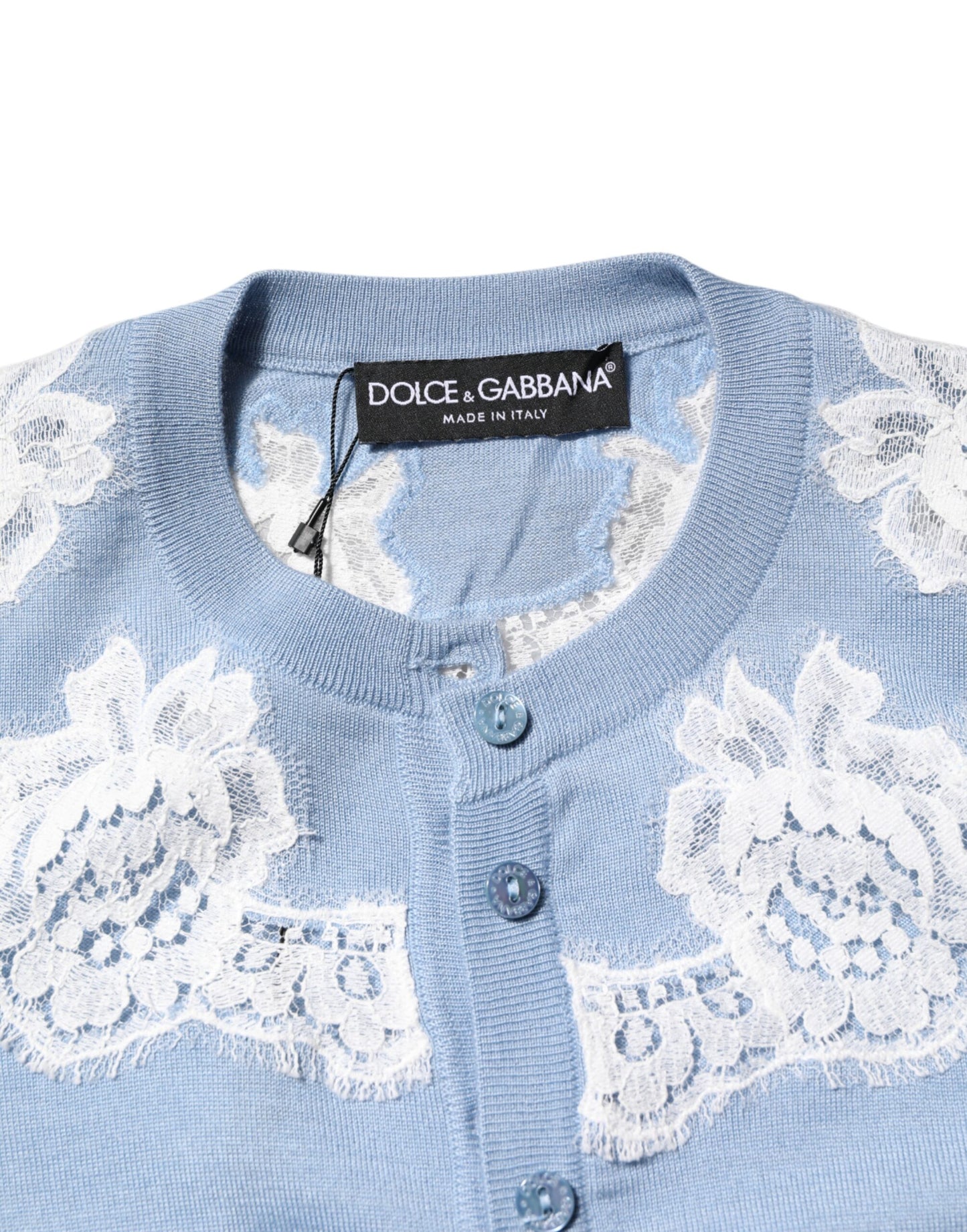 Dolce & Gabbana Blaue Strickjacke mit floralen Spitzenverzierungen