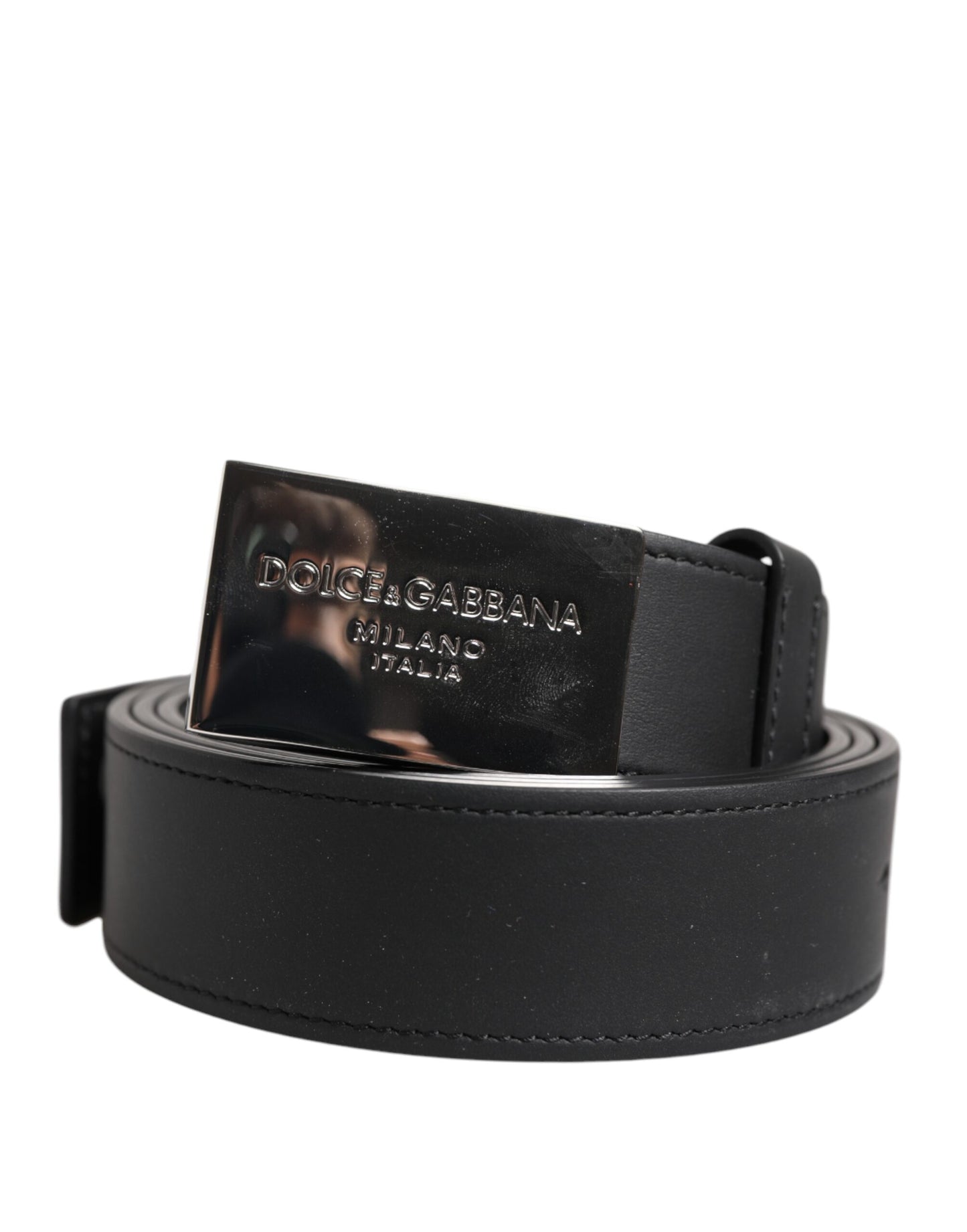 Dolce & Gabbana Schwarzes Leder Silber Metall Logo Schnalle Gürtel