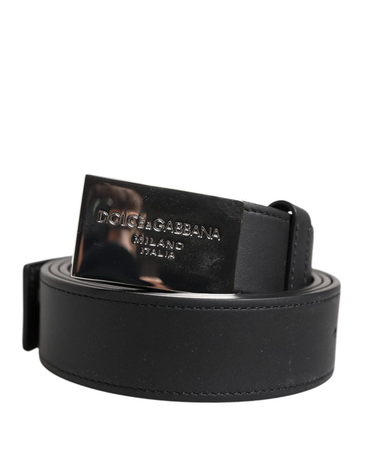 Dolce & Gabbana Schwarzes Leder Silber Metall Logo Schnalle Gürtel