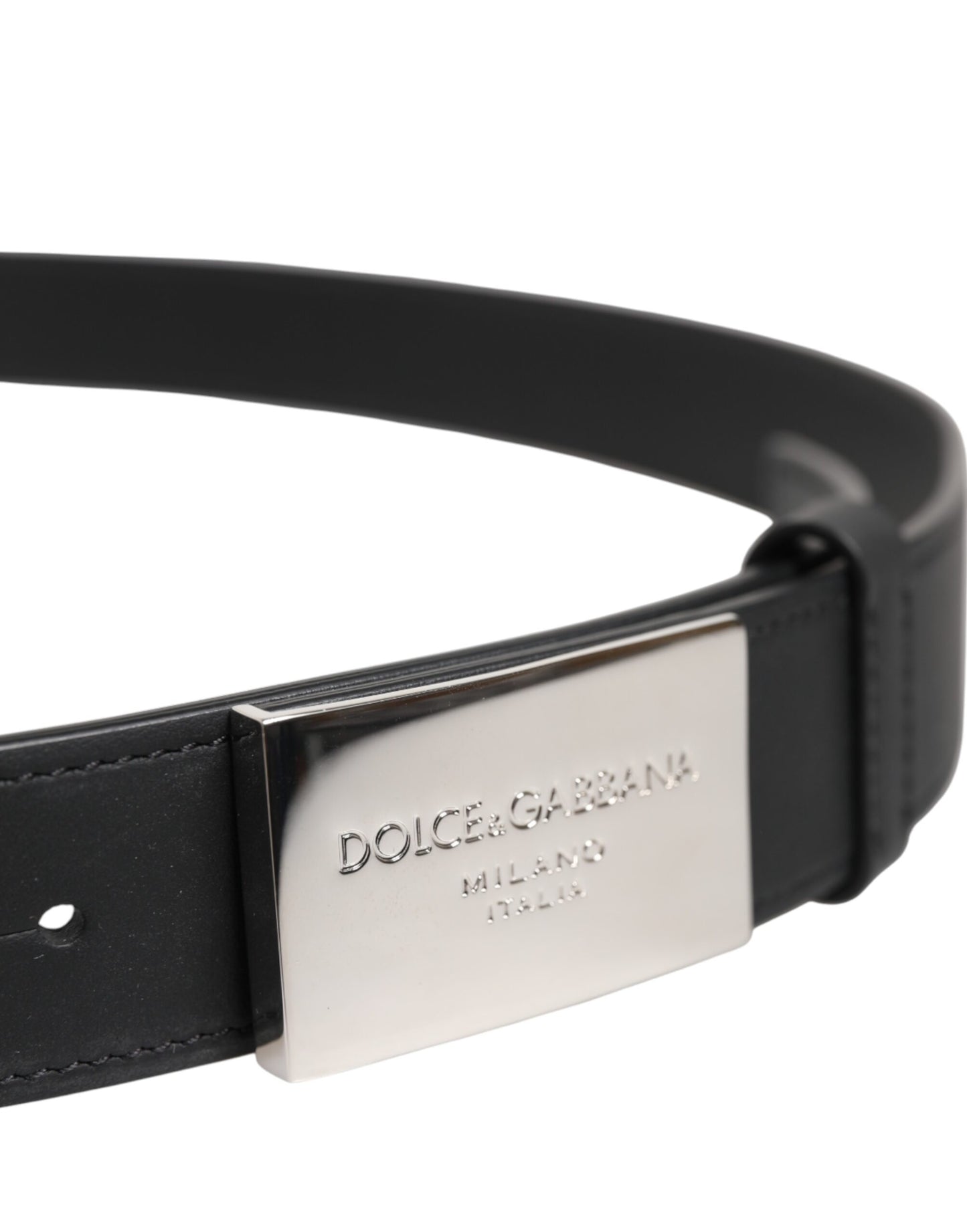 Dolce & Gabbana Schwarzes Leder Silber Metall Logo Schnalle Gürtel