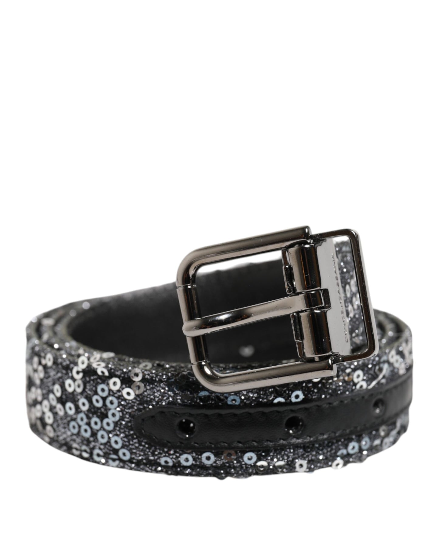 Dolce & Gabbana Schwarzer Pailletten Silber Metall Logo Schnalle Gürtel