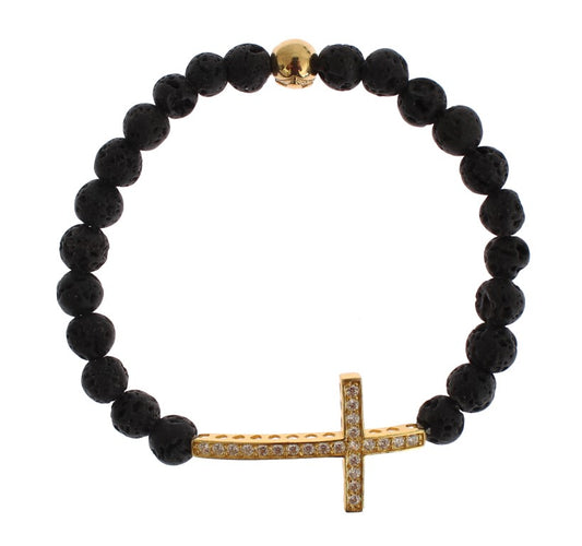 Nialaya Lava Stein Gold Klar CZ Kreuz 925 Silber Armband