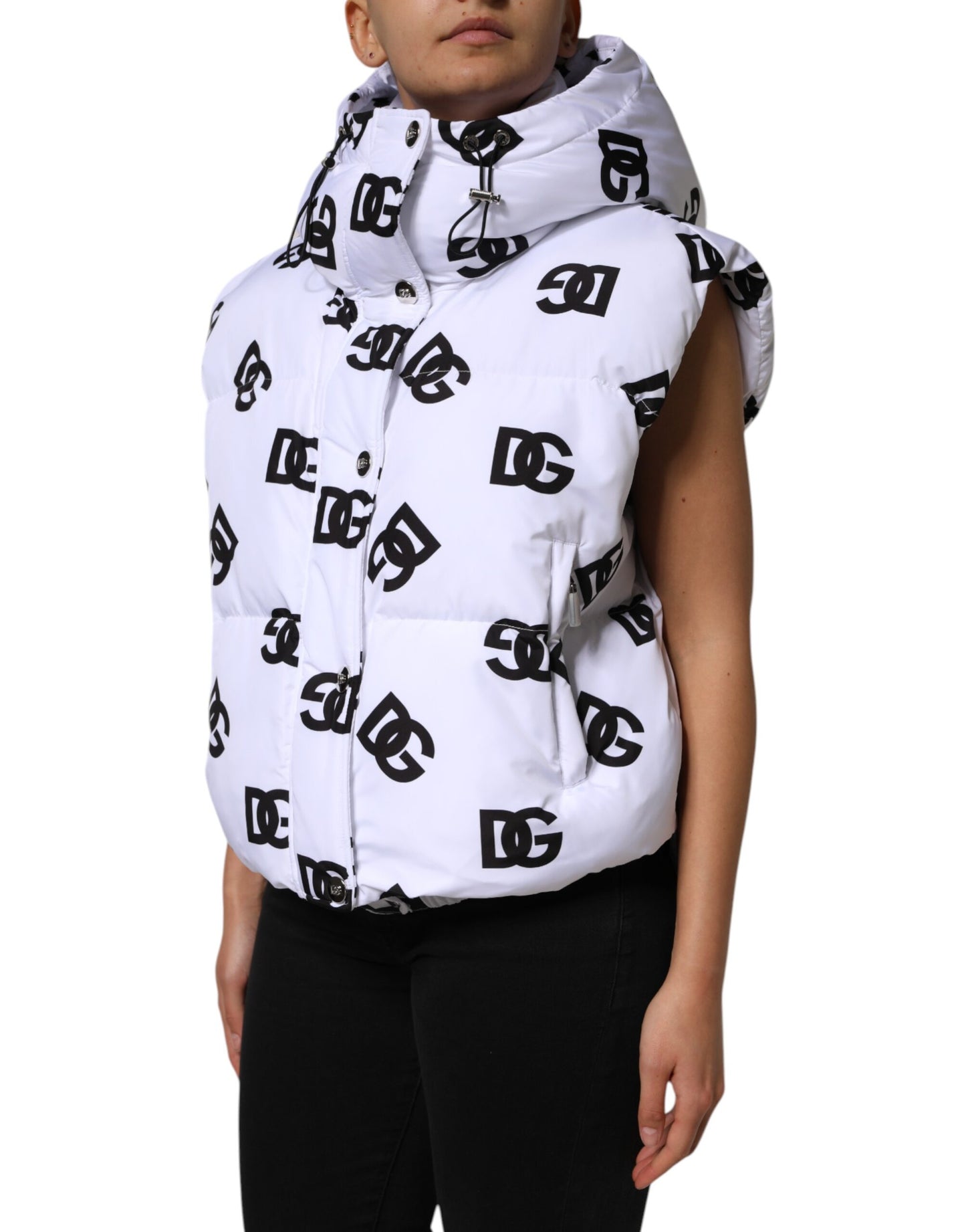 Dolce & Gabbana Weiß Schwarz DG Mania Polyester-Pufferjacke