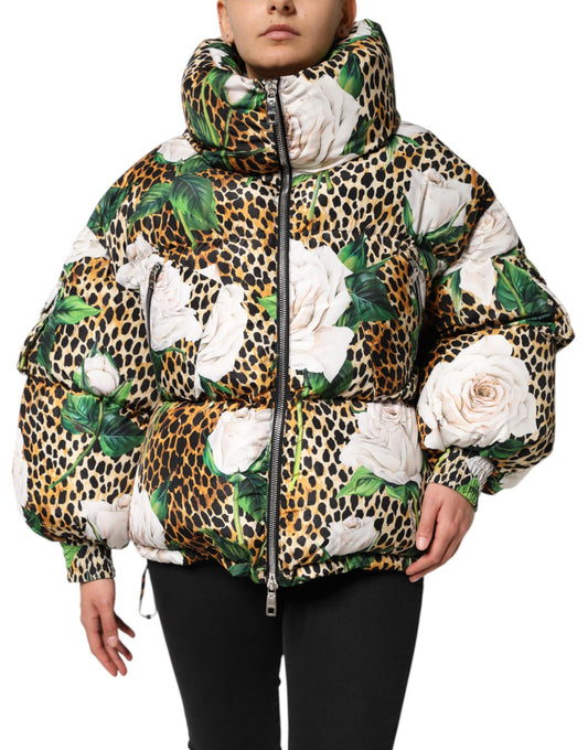 Dolce & Gabbana Multicolor Leopard Rose Puffer Steppjacke
