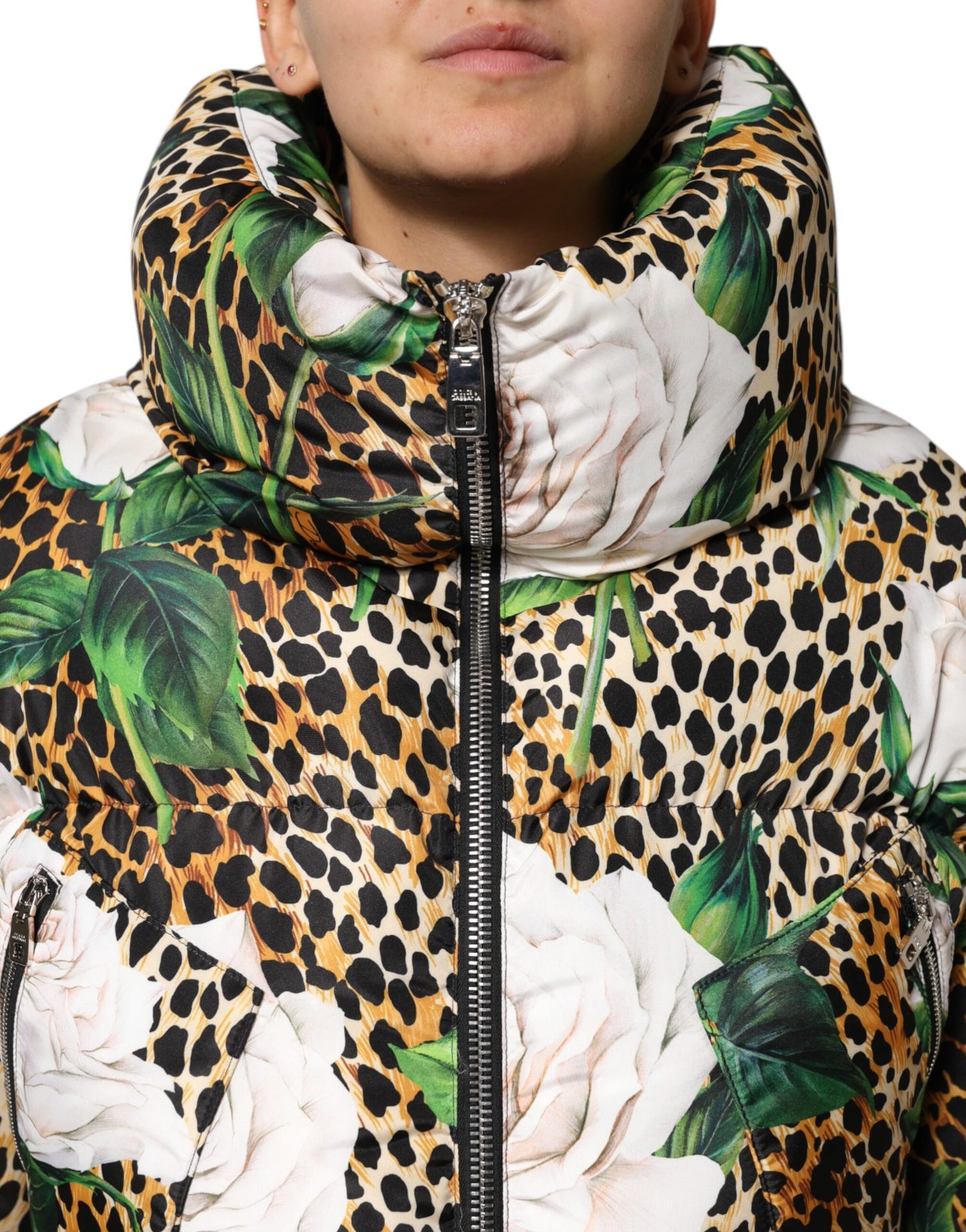 Dolce & Gabbana Multicolor Leopard Rose Puffer Steppjacke
