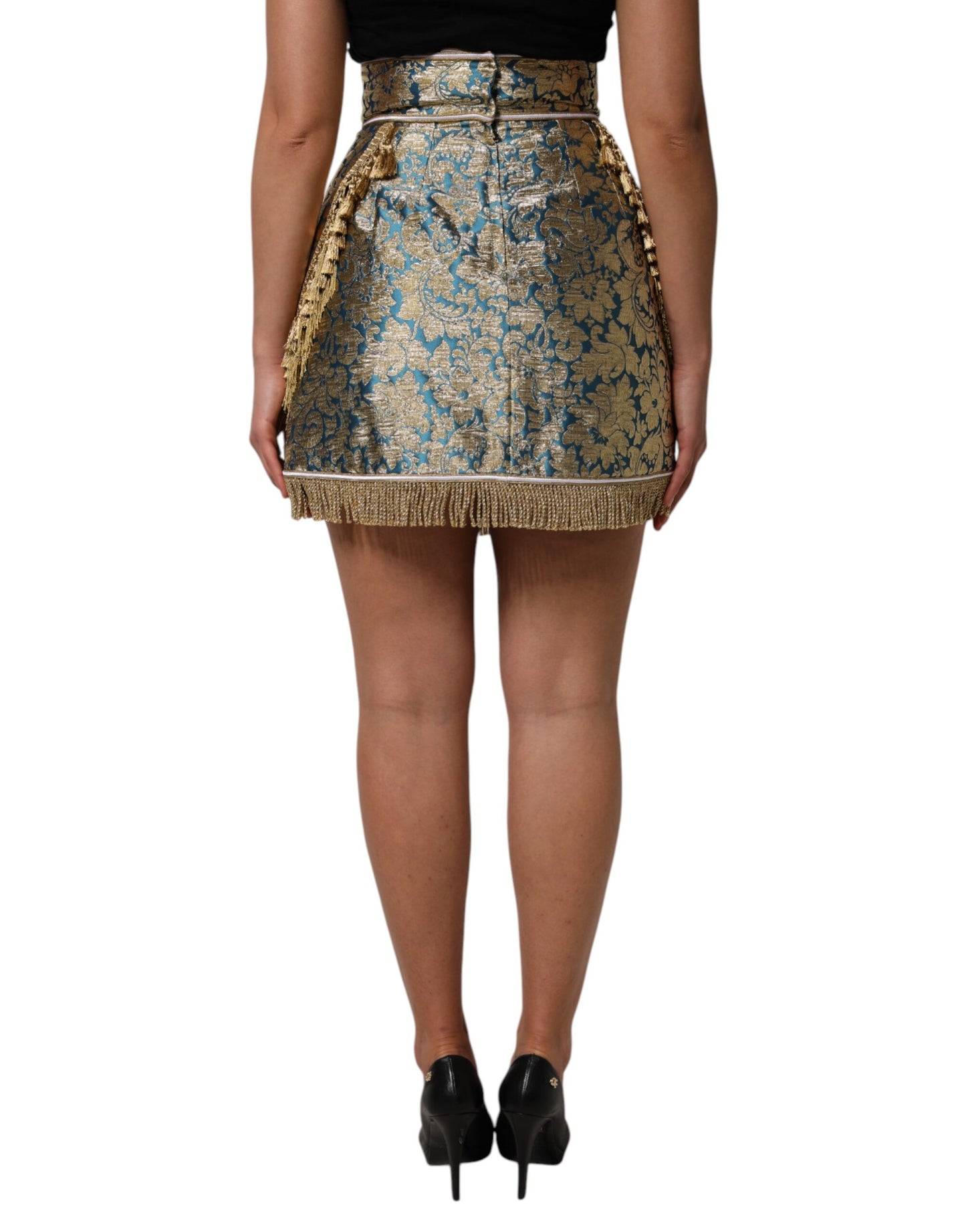 Dolce & Gabbana Blauer geblümter Jacquard-Minirock mit Quasten