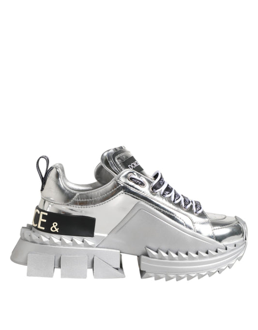 Dolce & Gabbana Silberne Leder Super Queen Sneakers Schuhe