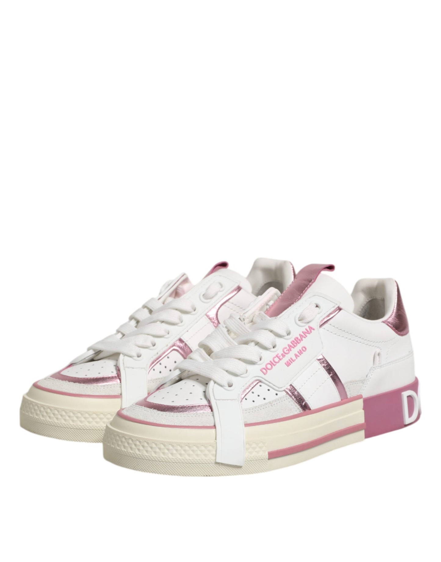Dolce & Gabbana Weiß Rosa Leder Low Top Turnschuhe Schuhe