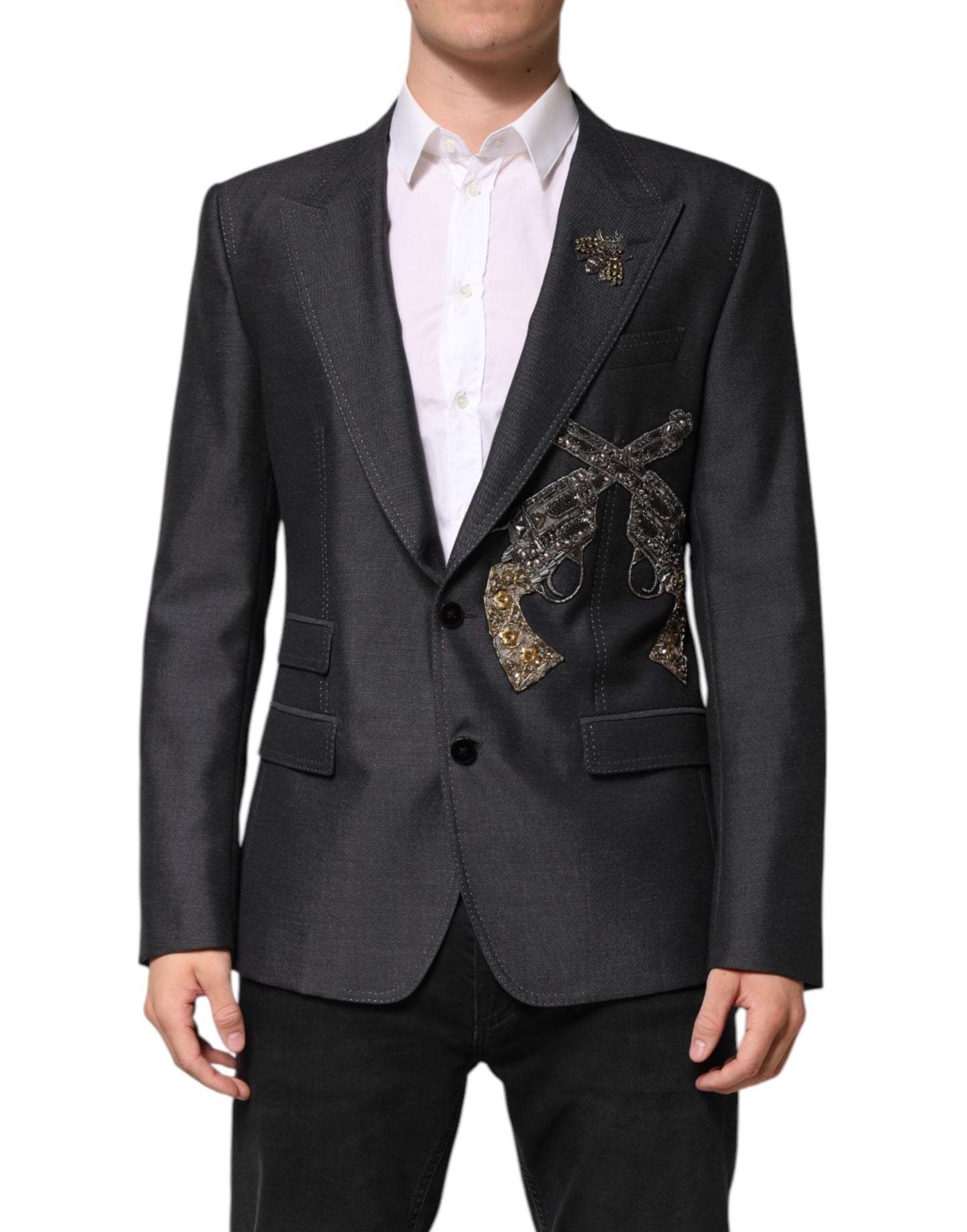 Dolce & Gabbana Dunkelgrauer Mantel mit Bienenstickerei SICILIA Blazer