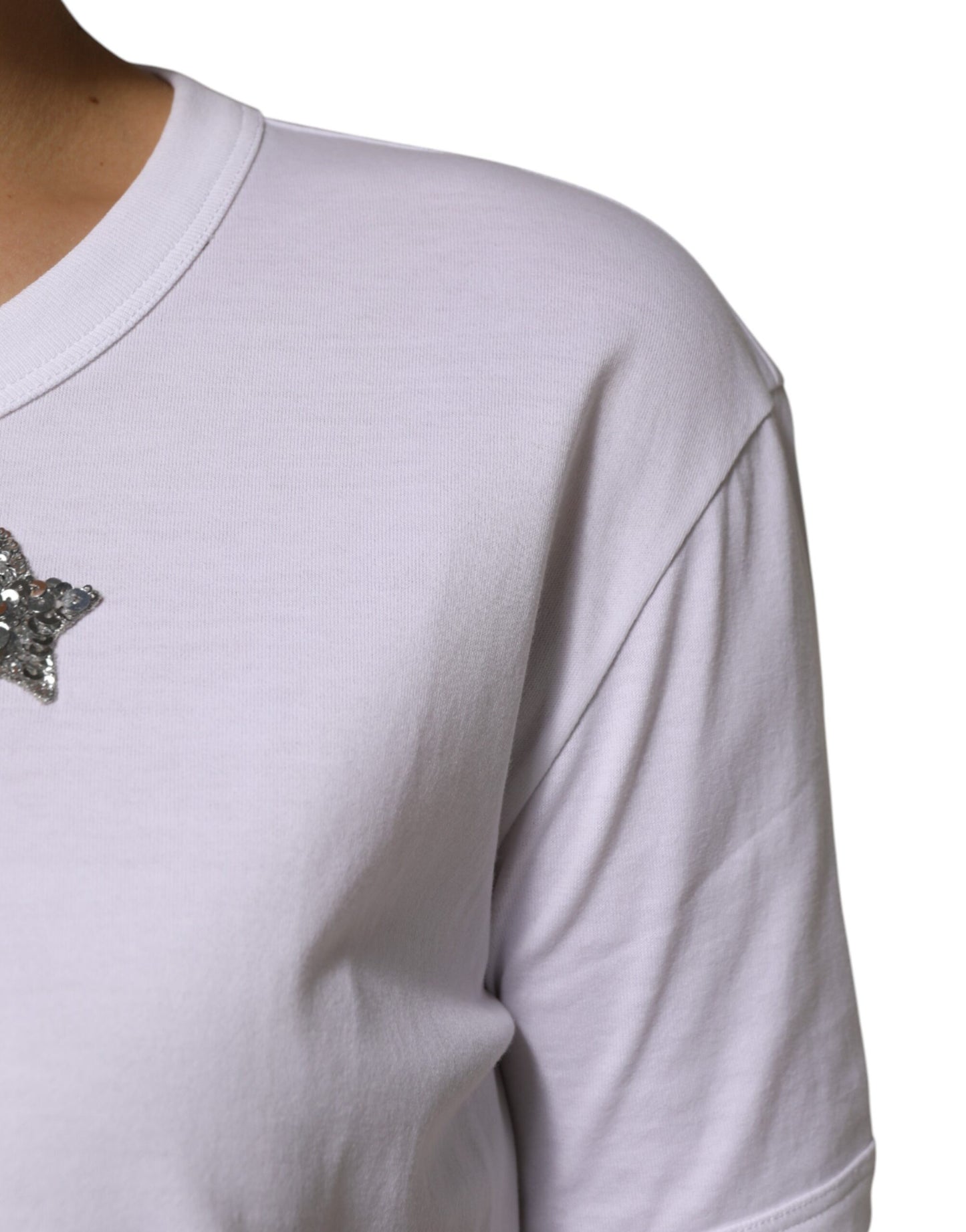 Dolce & Gabbana Weißes Baumwoll-T-Shirt mit Paillettenverzierung