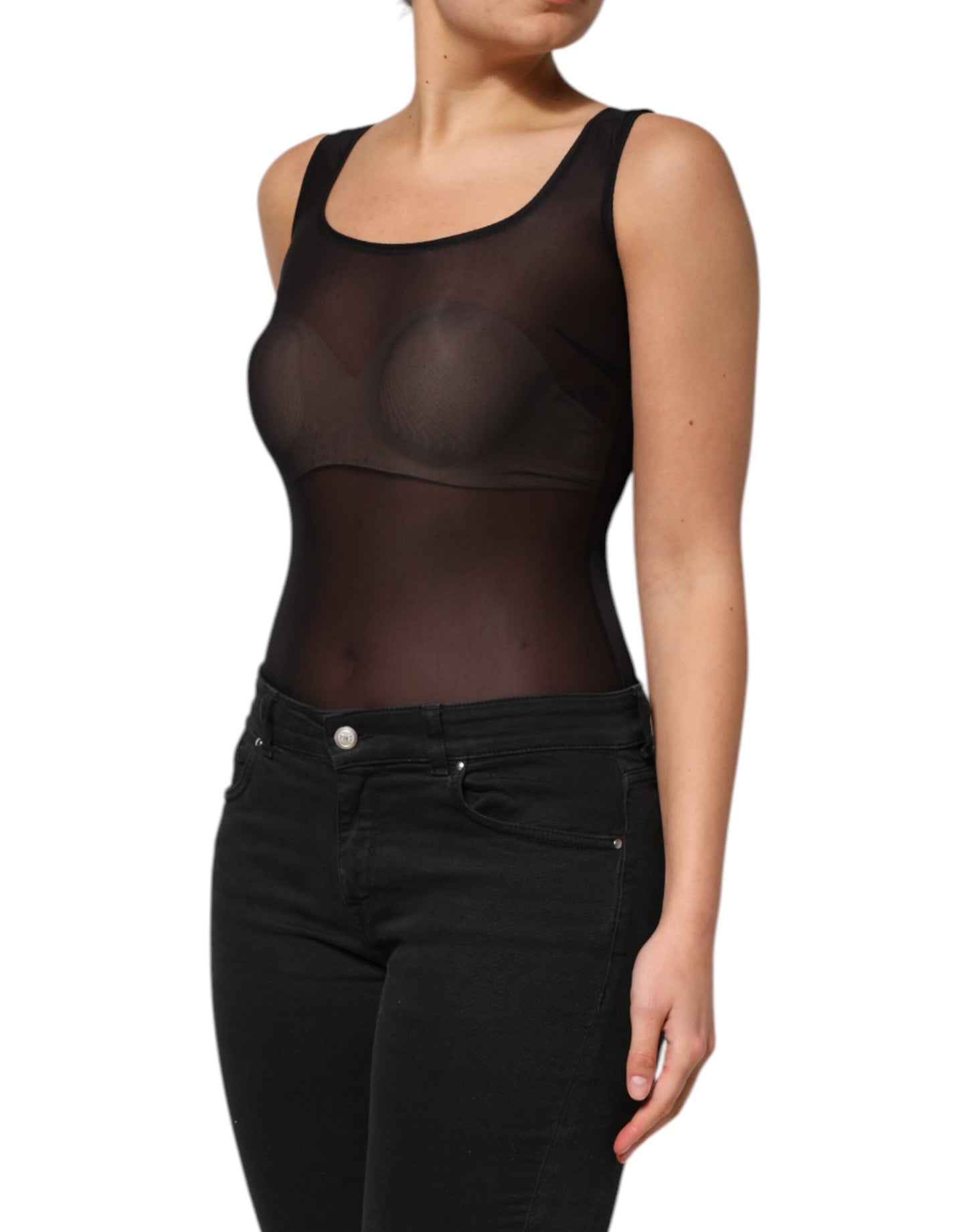 Dolce & Gabbana Schwarzes ärmelloses Nylon-Tank-Top mit Rundhalsausschnitt