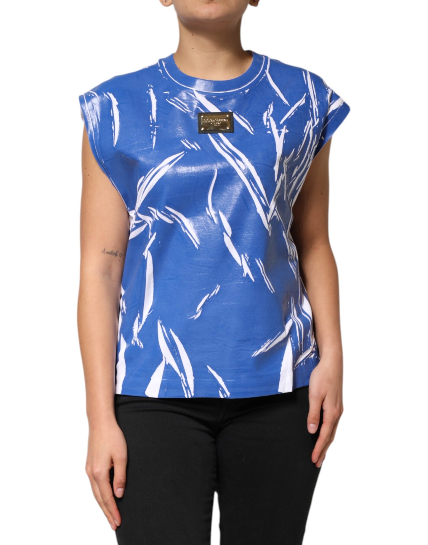 Dolce & Gabbana Blau Weiß Baumwolle Logo Plaque Frauen Tank Top