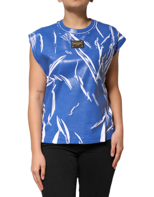 Dolce & Gabbana Blau Weiß Baumwolle Logo Plaque Frauen Tank Top