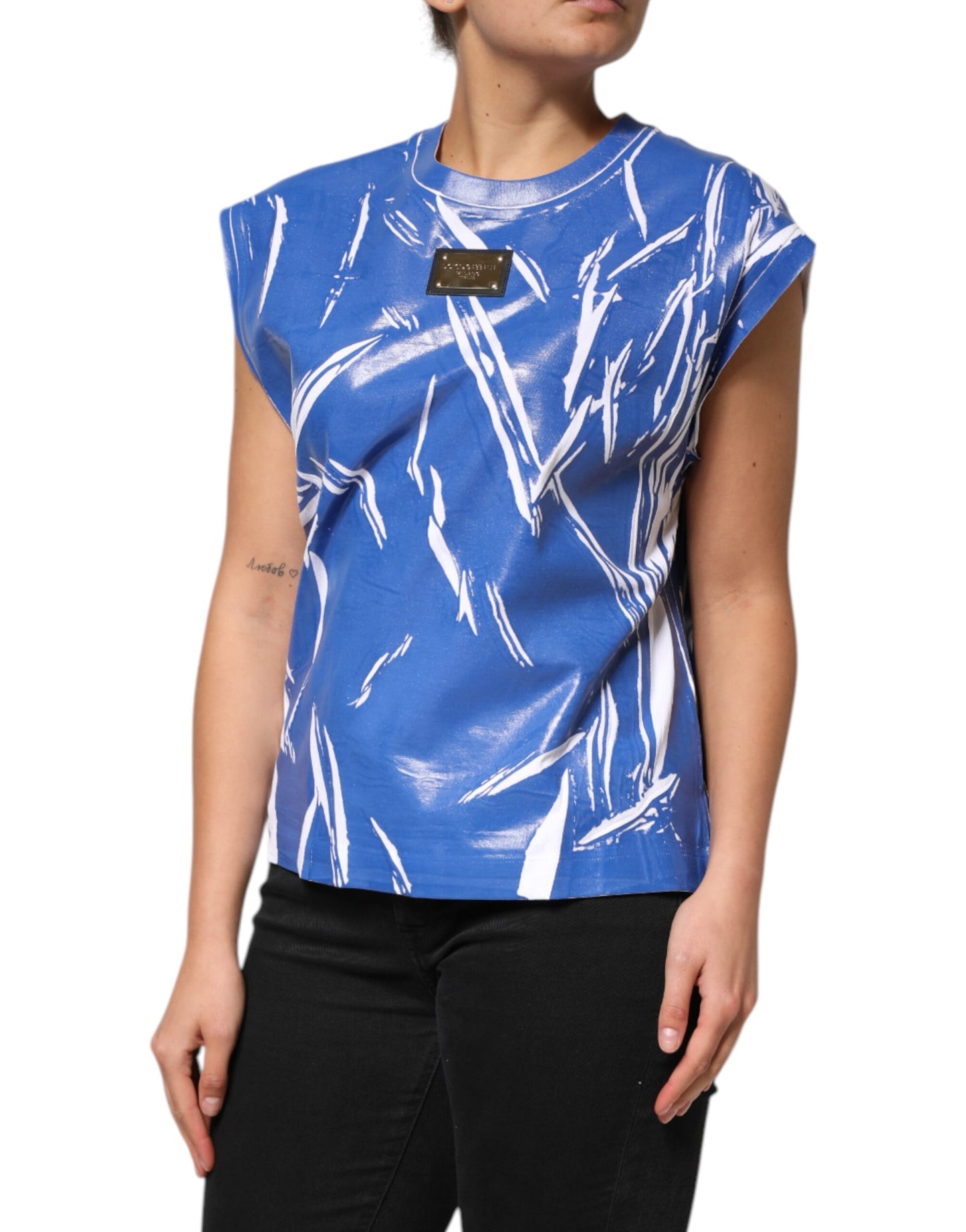 Dolce & Gabbana Blau Weiß Baumwolle Logo Plaque Frauen Tank Top