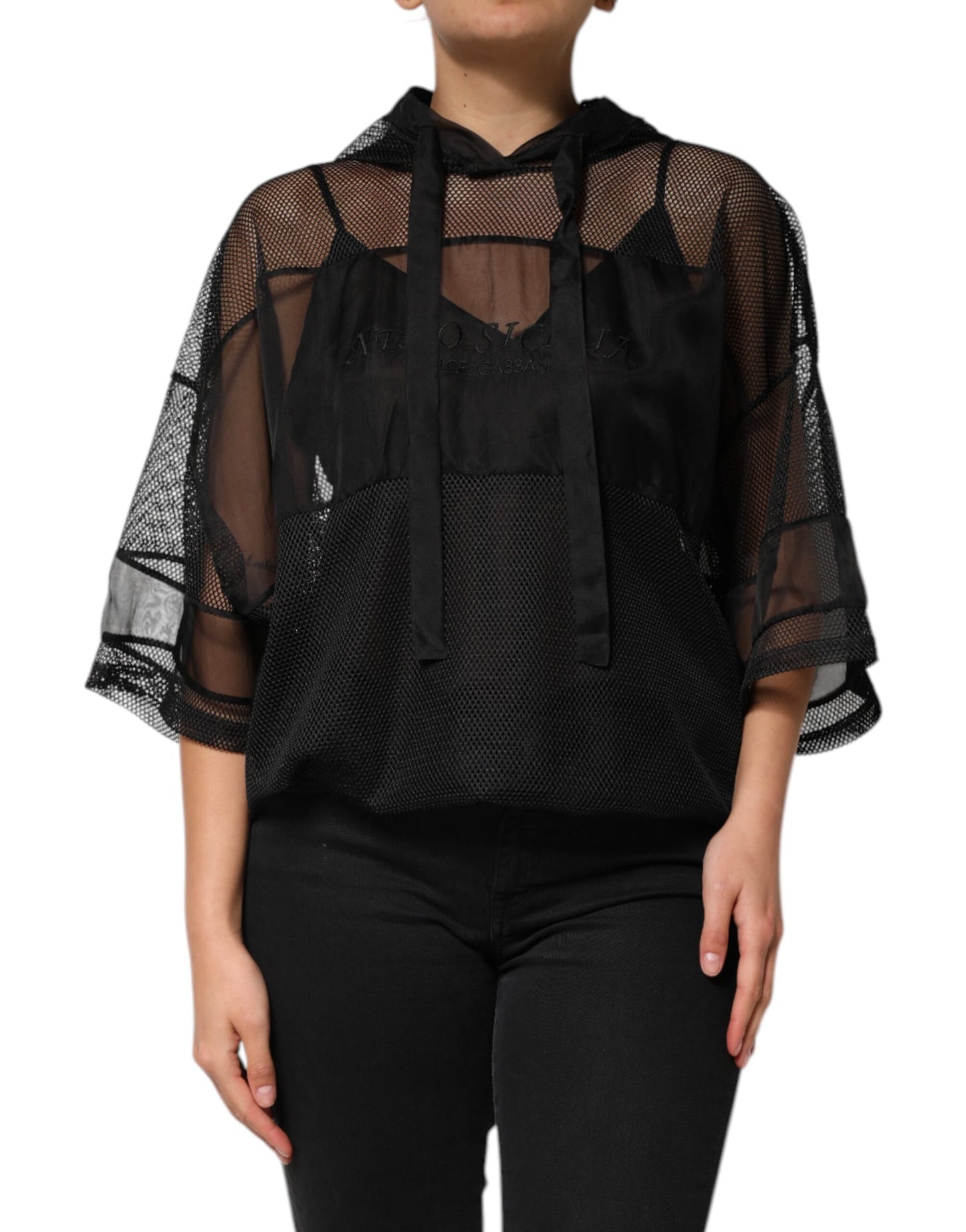 Dolce & Gabbana Schwarzer Pullover mit durchsichtiger Kapuze