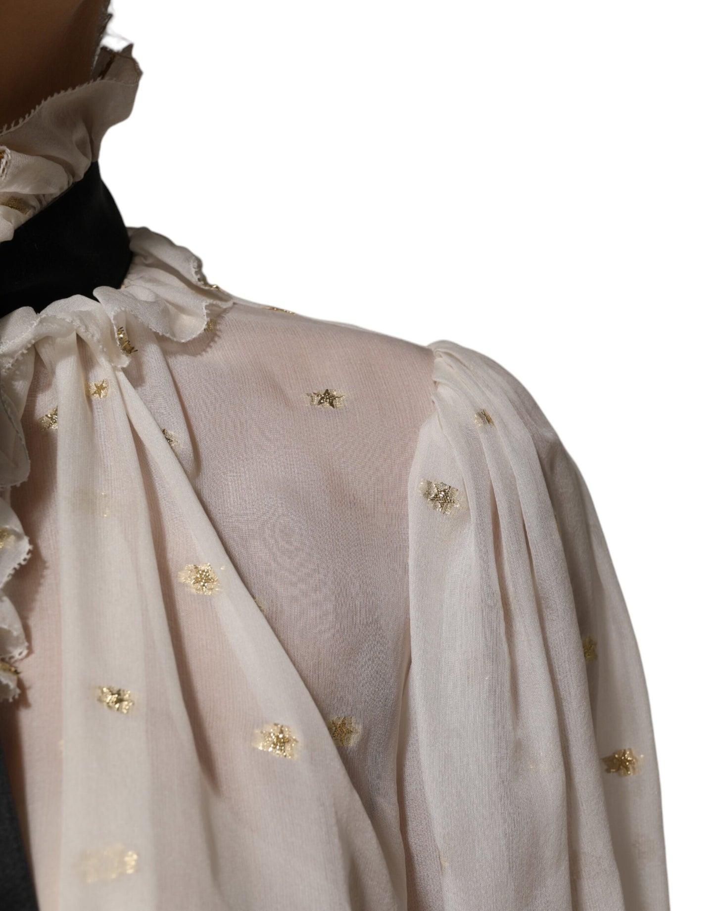 Dolce & Gabbana Weiß Schwarz Seide Langarm Ascot Kragen Top