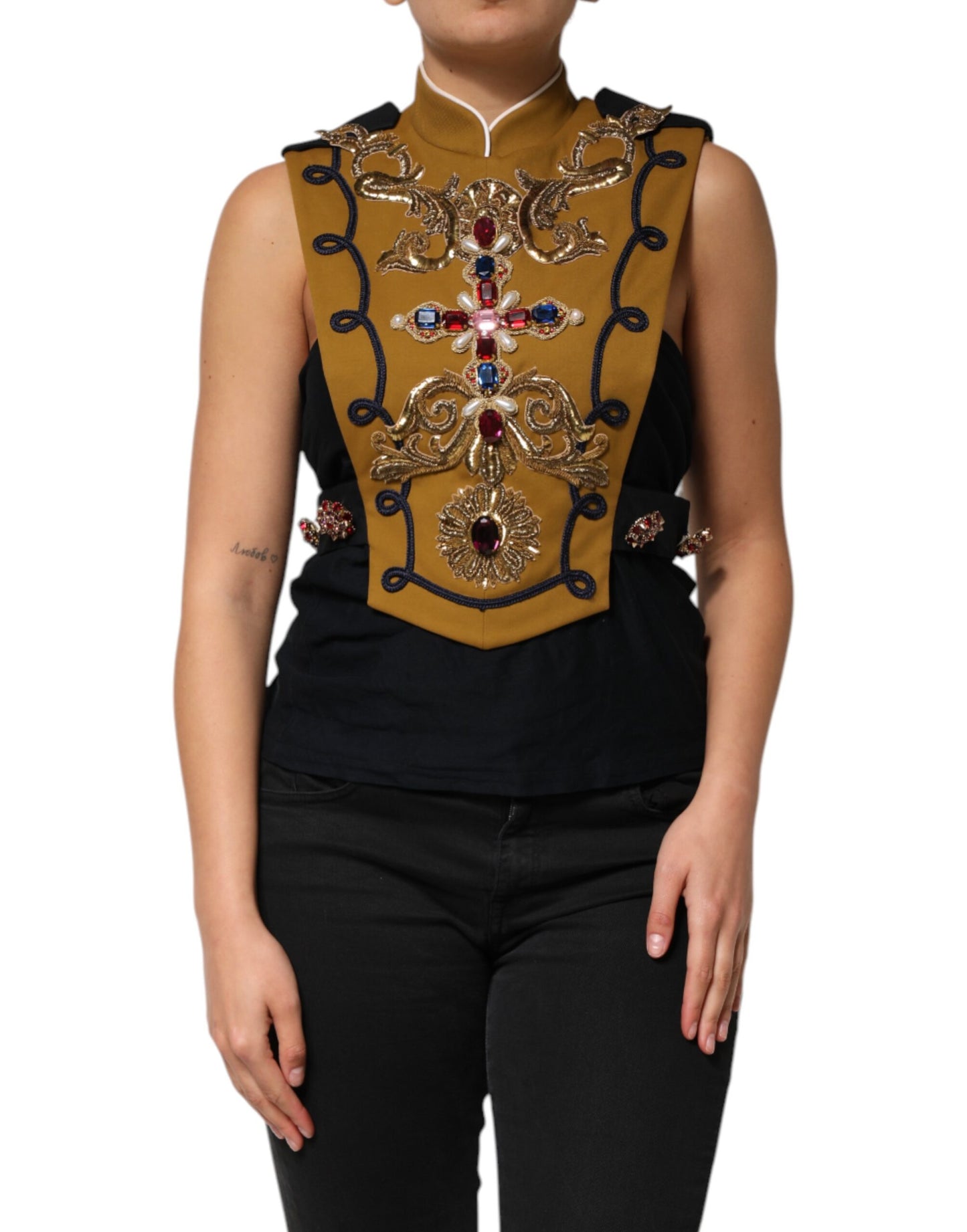 Dolce & Gabbana Gelbe Crystal Cross Runway Weste Jacke Top