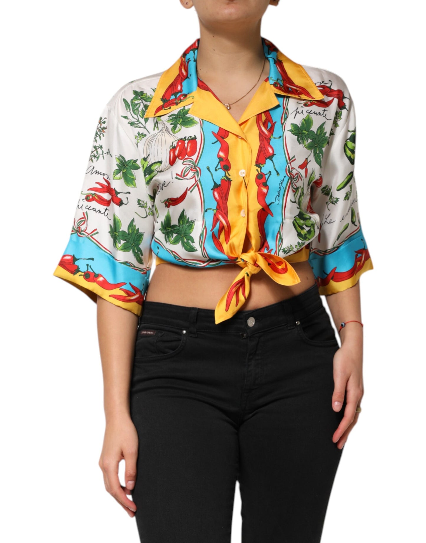 Dolce & Gabbana Multicolor Chili Seide Cropped Bluse Top
