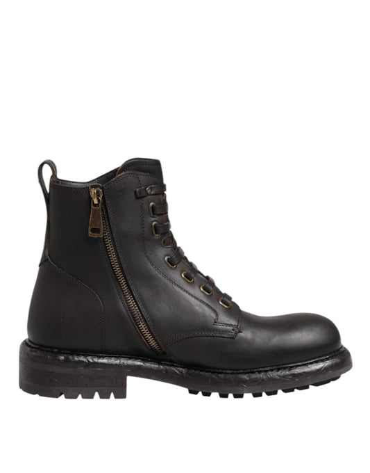 Dolce & Gabbana Dunkelbraune Leder-Schnürstiefel mit mittlerer Wade