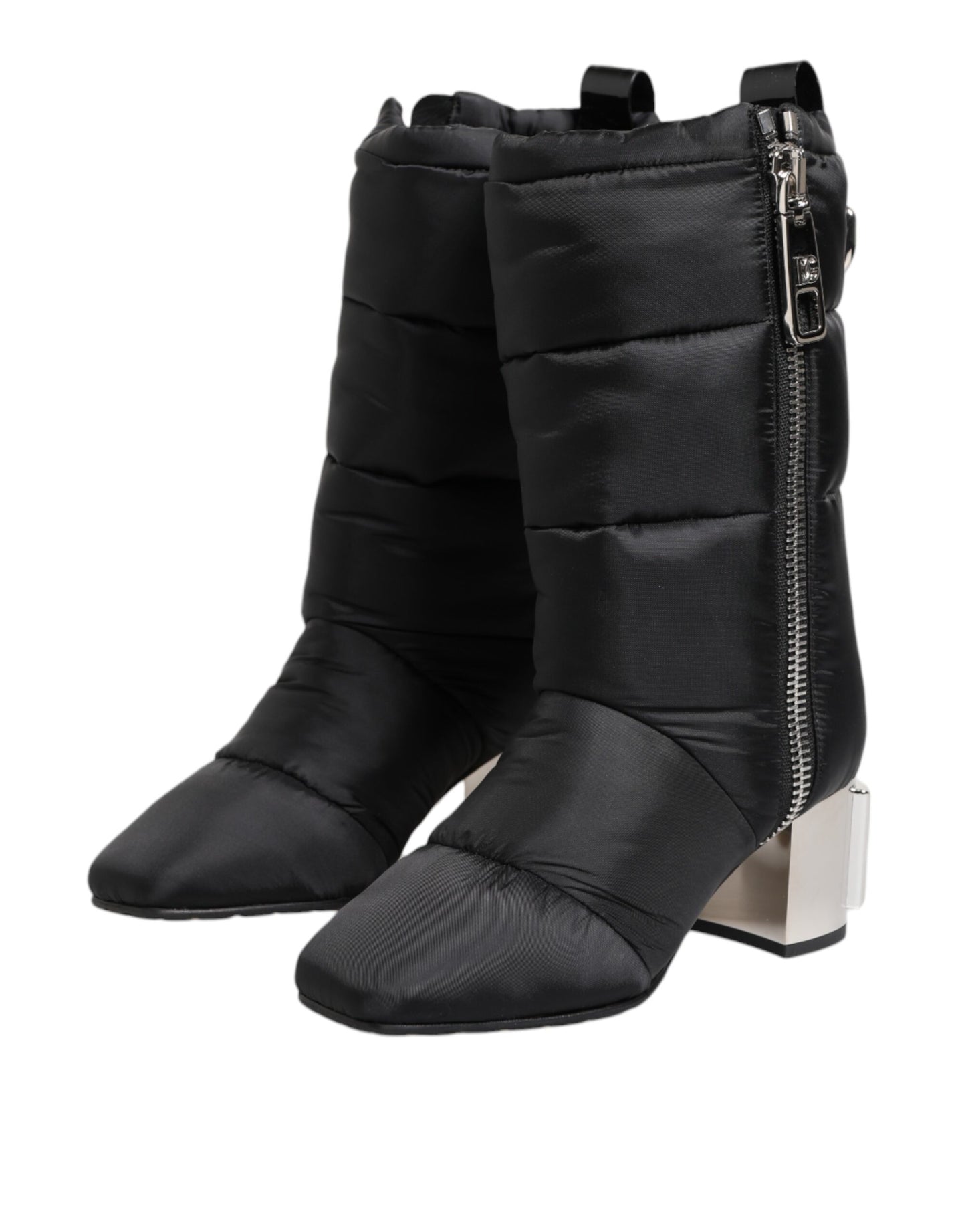 Dolce & Gabbana Schwarz gepolsterte Mid Calf Logo Heel Stiefel Schuhe