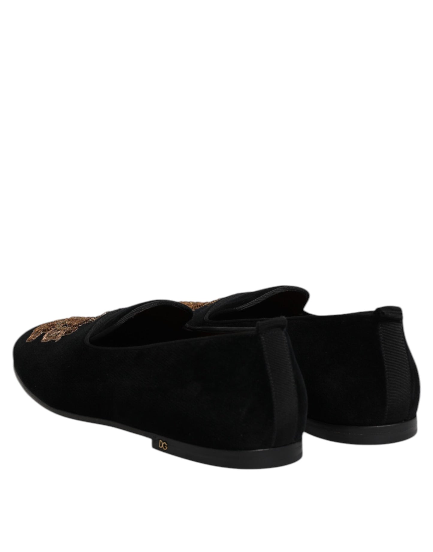 Dolce & Gabbana Schwarzer Samt Gold Crown Herren Loafers Schuhe